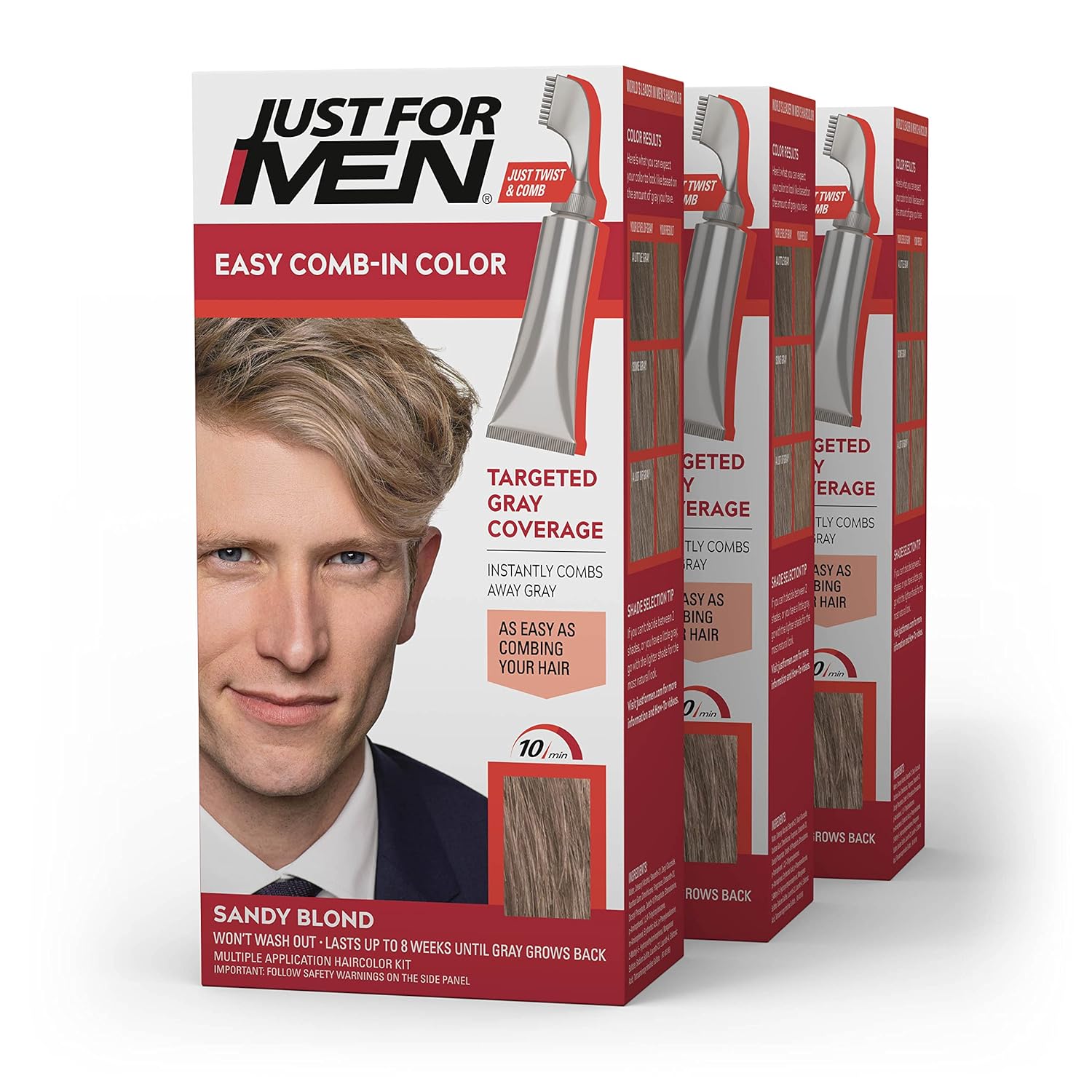 Just For Men Easy Comb-In Color Mens Hair Dye, Easy No Mix Application with Comb Applicator – Sandy Blond, A-10, Pack of 3 Just For Men Easy Comb-In Color Mens Hair Dye, Easy No Mix Application with Comb Applicator – Sandy Blond, A-10, Pack of 3