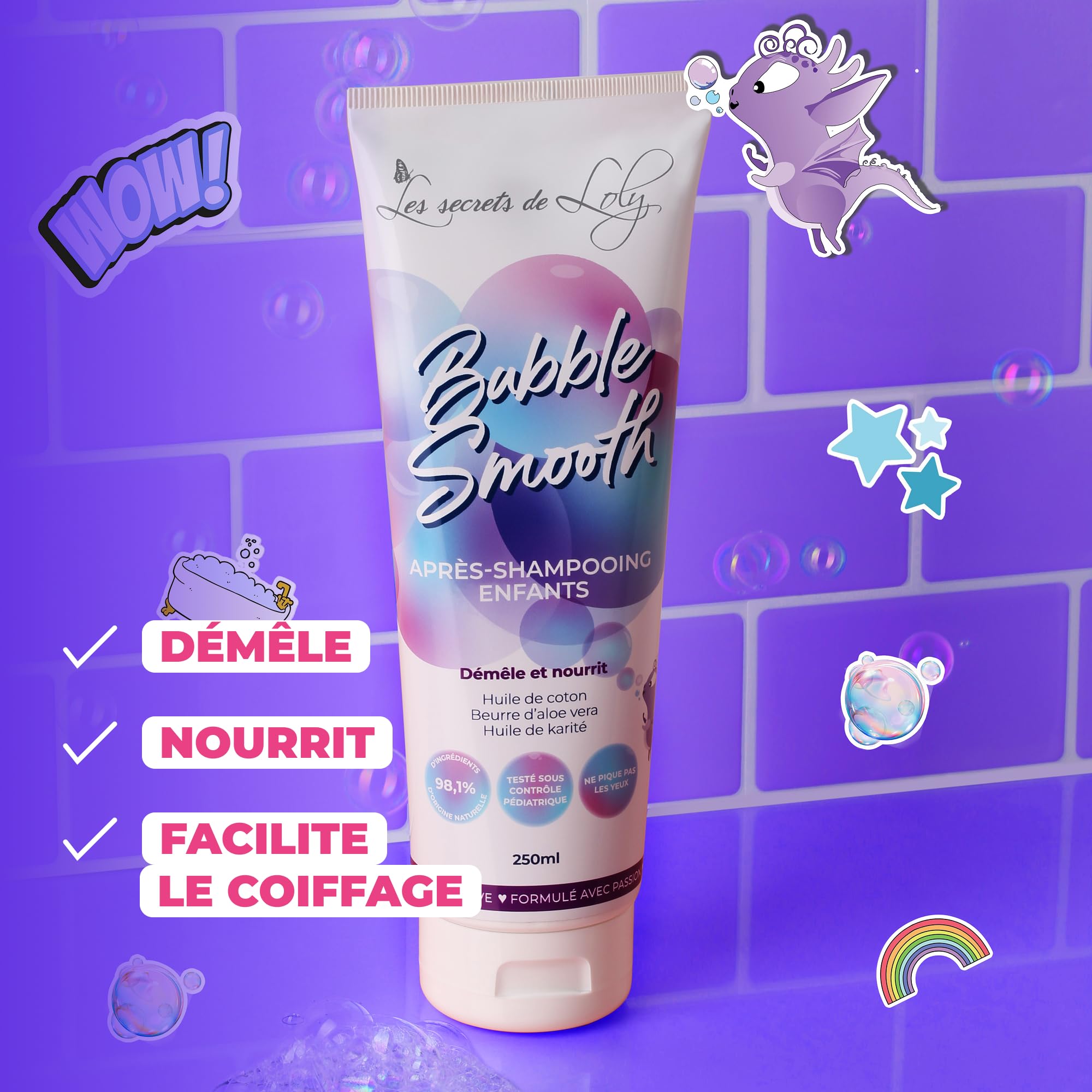 Les Secrets de Loly – Bubble Smooth – Après-shampooing enfant démêlant Nourrit & définit les boucles – Cheveux bouclés, frisés et crépus (enfants) – +98% d'origine naturelle – 250 ml - 2