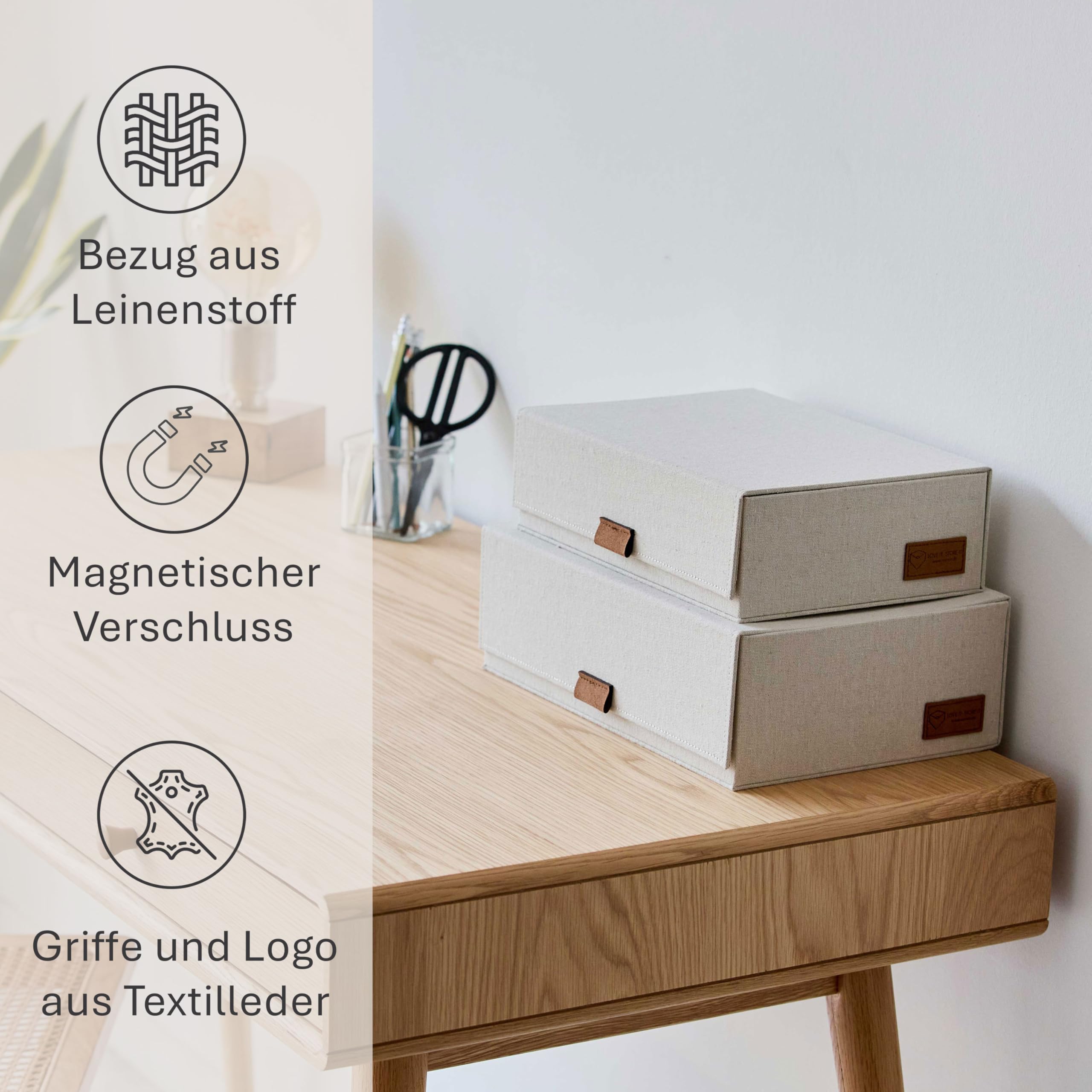 LOVE IT STORE IT Premium Aufbewahrungsbox mit Deckel, Beige, 2er Set | Ordnungsboxen mit magnetischem Klappdeckel aus Leinen, Ideal für Schmuck und Accessoires, 2 Boxen in verschiedenen Größen