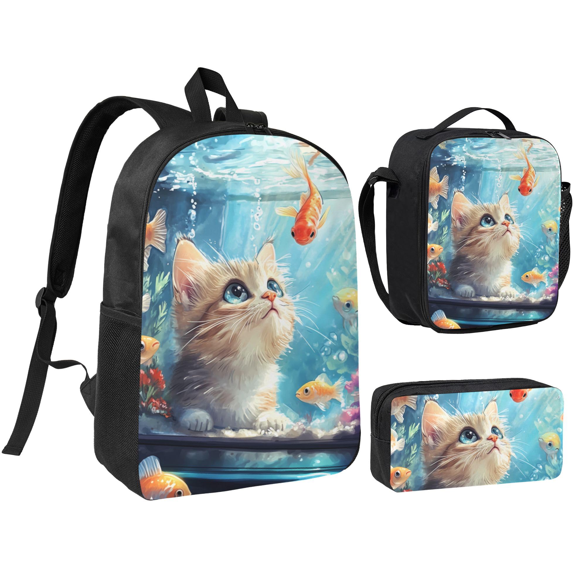 Cat and Fish School Backpack Kids Girls Boys Teens 3PCS Bookbag with Lunch Box Pencil case Set Lightweight Bag