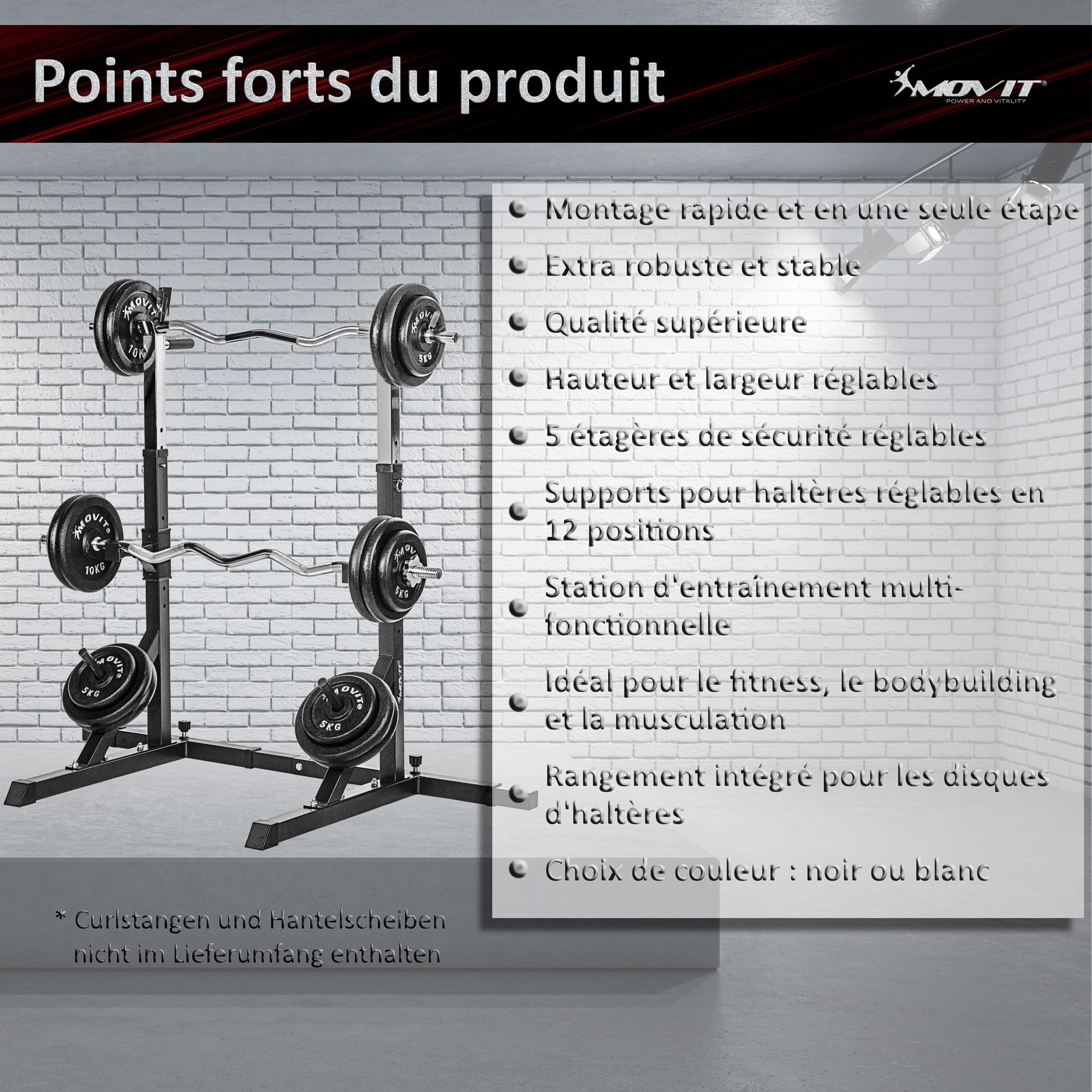 MOVIT Squat Rack Basic avec Station Dip, Hauteur et Largeur réglables, Support pour haltères Support pour haltères Appareil d'entraînement à Domicile Home-Gym, Blanc ou Noir