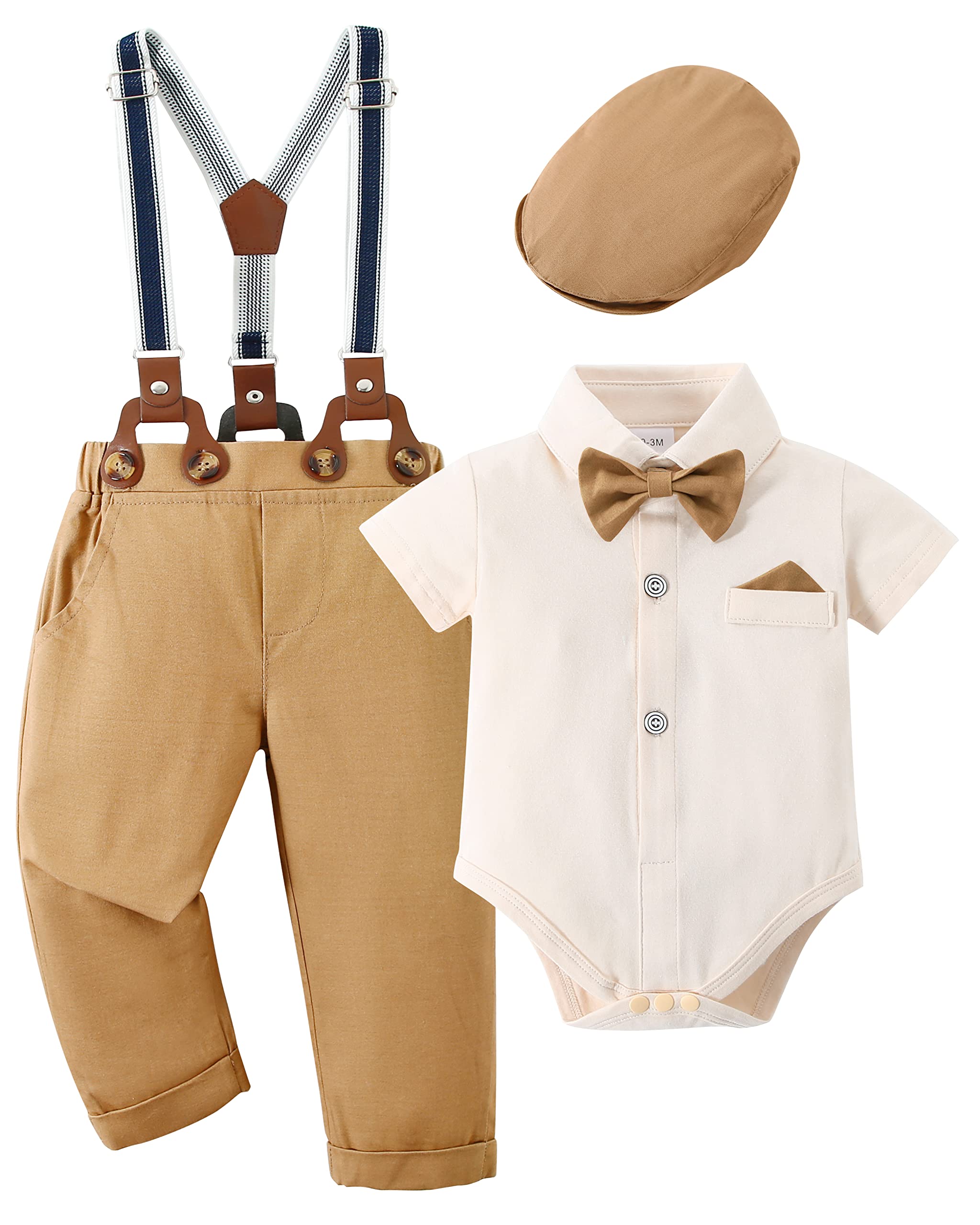 nilikastta Baby Boy Wedding Outfits Infant Baby Boy Clothes Suit Dress Shirts/Suspender Pants/Bowtie/Beret Hat 0-18M