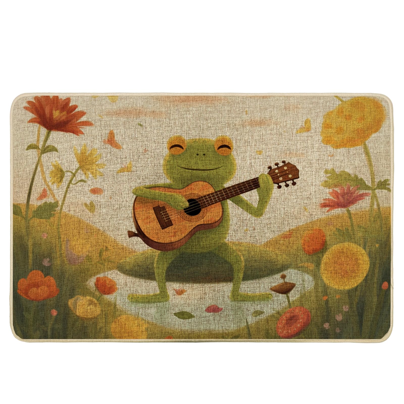 Spring Door Mat Funny Cute Floral Guitar Cottagecore Country Green Yellow Rubber Waterproof Decorations Absorbent Non Slip Outdoor Patio Office Porch