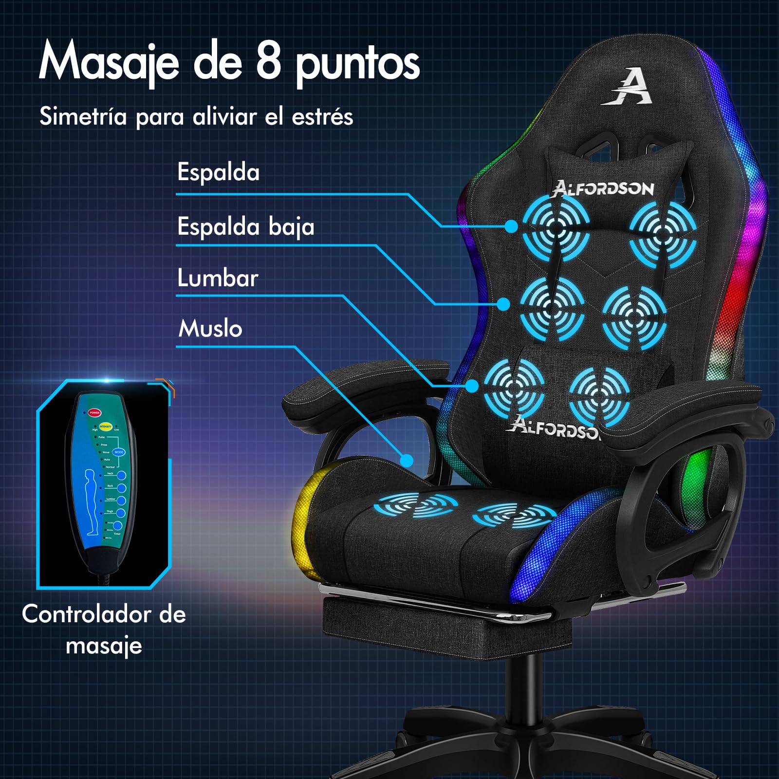ALFORDSON Silla Gaming con Masaje y LED, Silla Gamer Ergonómica con Cojín Lumbar y Cervical, Reposapiés Telescópico, Iluminación para Ordenador, Videojuego, Juegos, Oficina, Lino(Negra)
