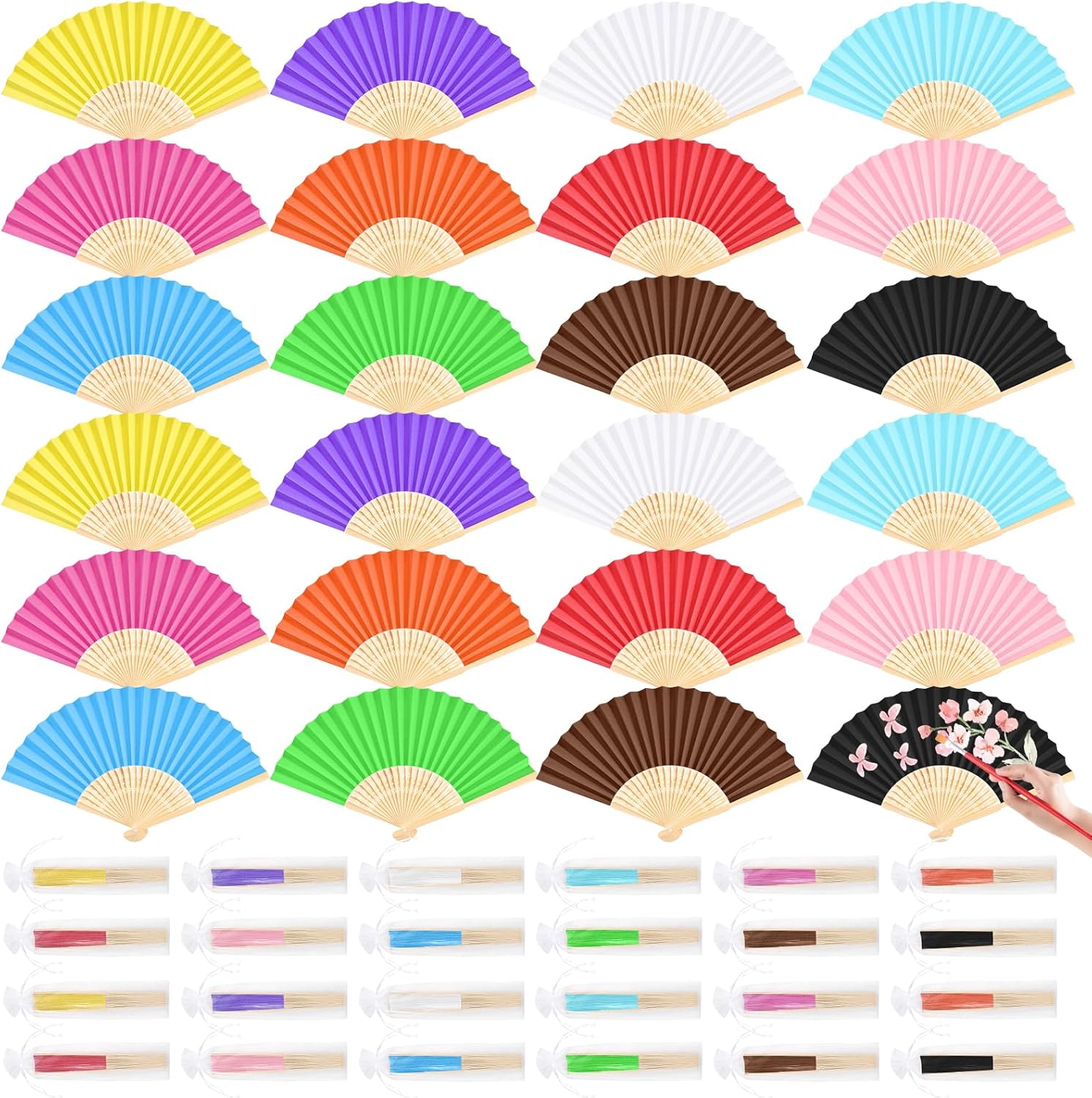 CHRORINE 48 Pack White Bamboo Folding Fans Handheld Paper Hand Fans for Women Foldable Girls Wedding DIY Decoration Party Favors