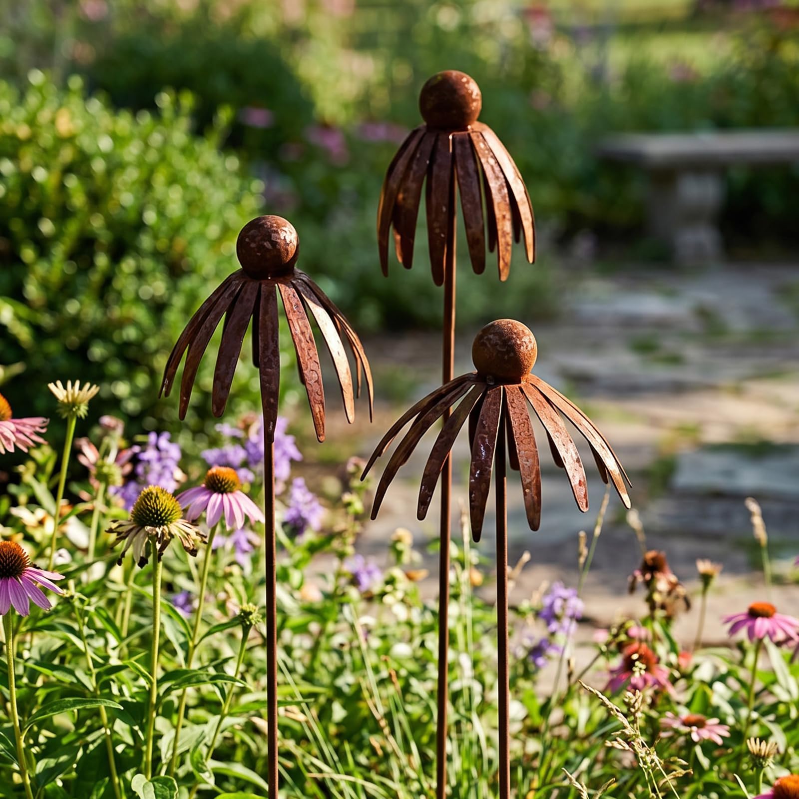 Multicolor 3 Pcs Rusty Cornflower Garden Stakes, Vintage Iron Flower Yard Art Sculpture, Weather Resistant Rustic Plant Stake Decor For Lawn Backyard Patio Porch Flower Bed Landscaping Ornaments