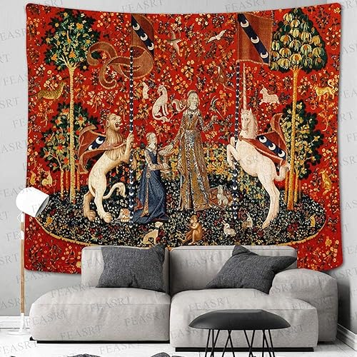 Miniatura 10 de FEASRT Tapiz medieval de princesa de doncella y unicornio, tapiz real europeo, 60 x 51 pulgadas, franela suave, para sala de estar, decoración de