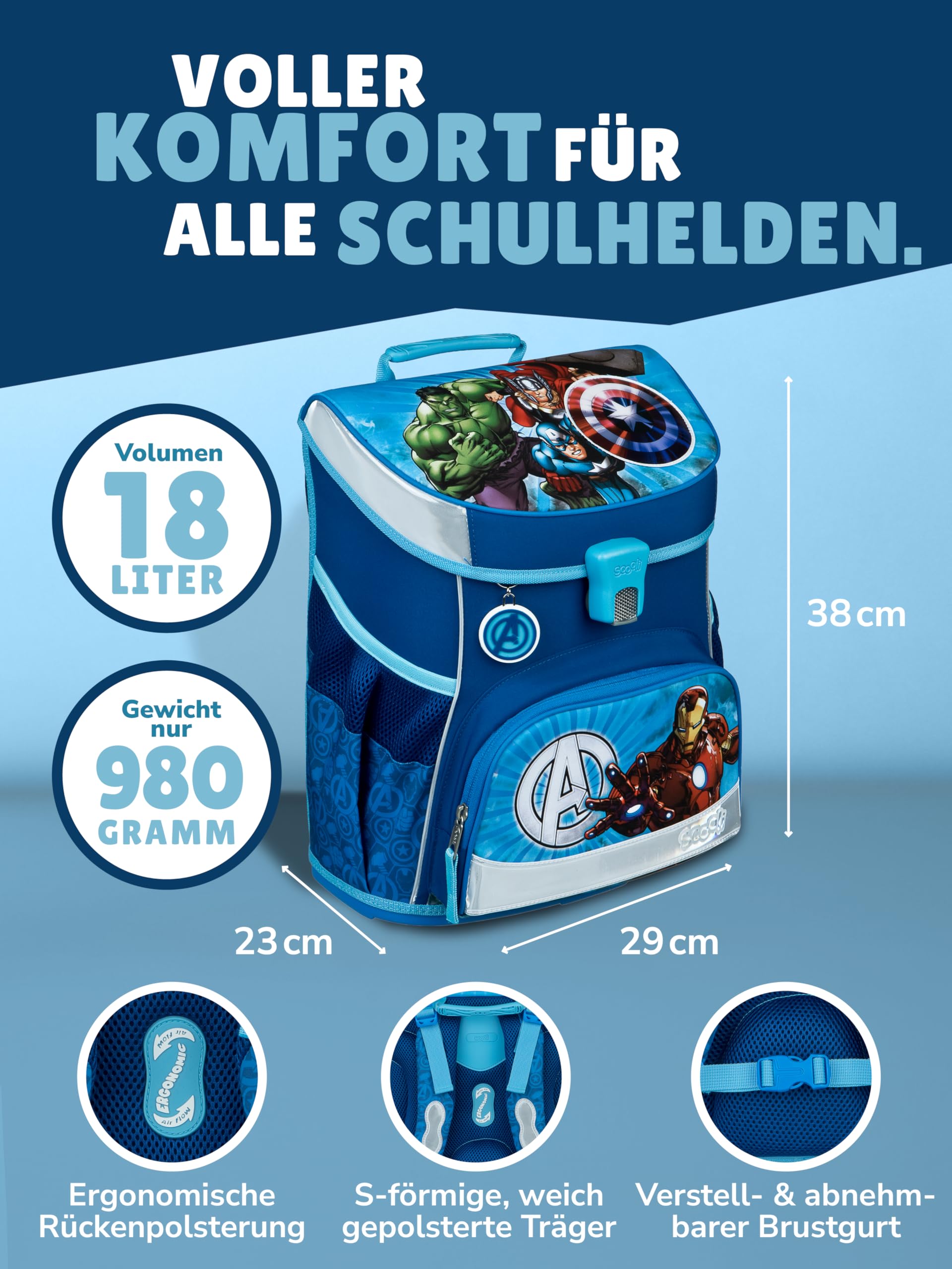 Familando - Scooli Campus Fit Schulranzen Set - 5-teilig mit Federmappe - Marvel Avengers Hell-Blau - Ergonomisch, stabil & 980g leicht - 18L Volumen - Brustgurt & Reflektoren - ab 1. Klasse