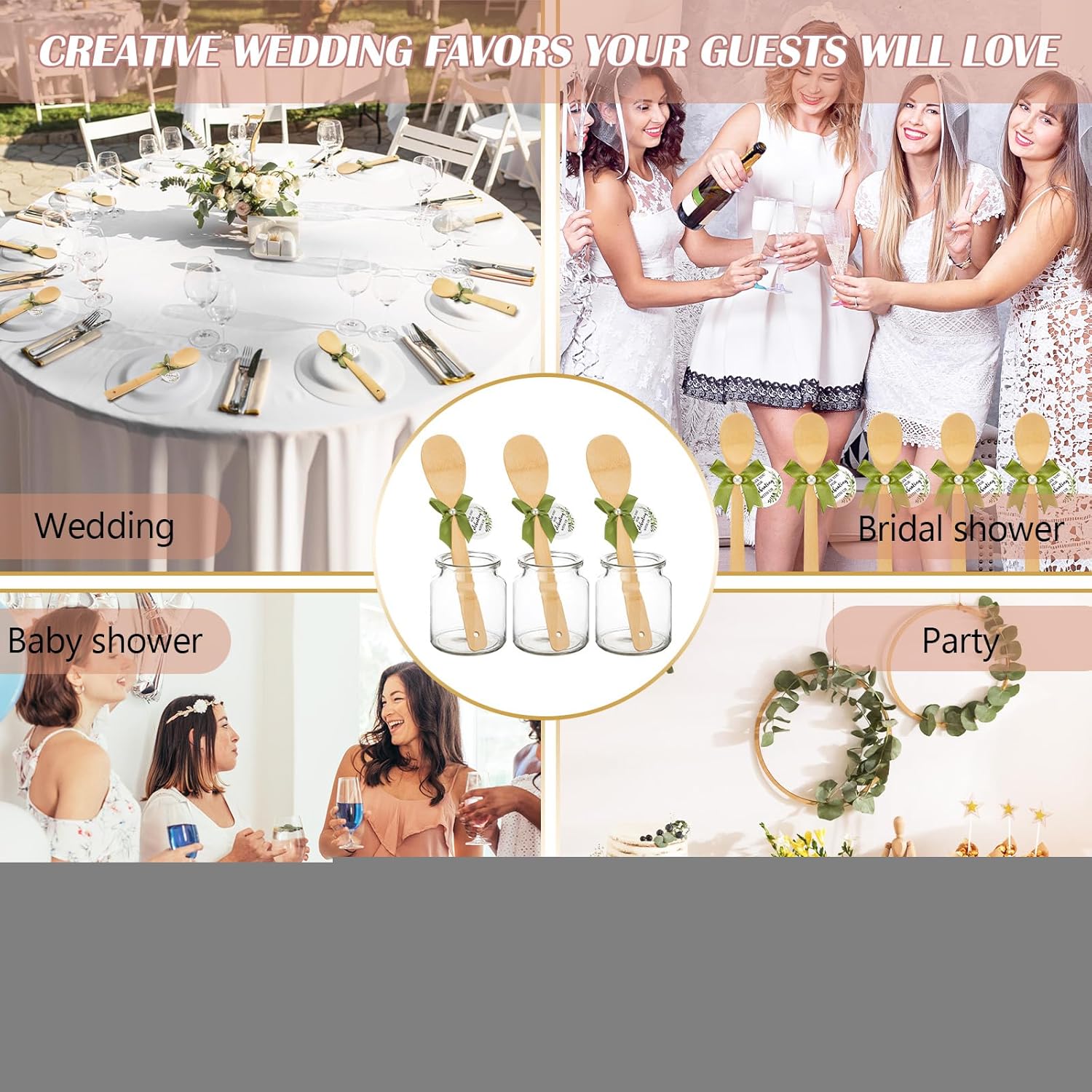 36 Set Bridal Shower Party Favors Bamboo Wooden Spoons with Bow and Tags Kitchen Utensils Wedding Favors Gift for Bridal Shower Prizes Guests Party Table Decoration(Leaves,Green Ribbon)
