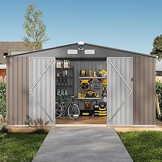 10x12 ft Outdoor Storage Shed, Metal Garden Tool Shed with Updated Frame Structure, Lockable Doors and Windows, Ideal for Backyard Garden Patio Lawn, Brown