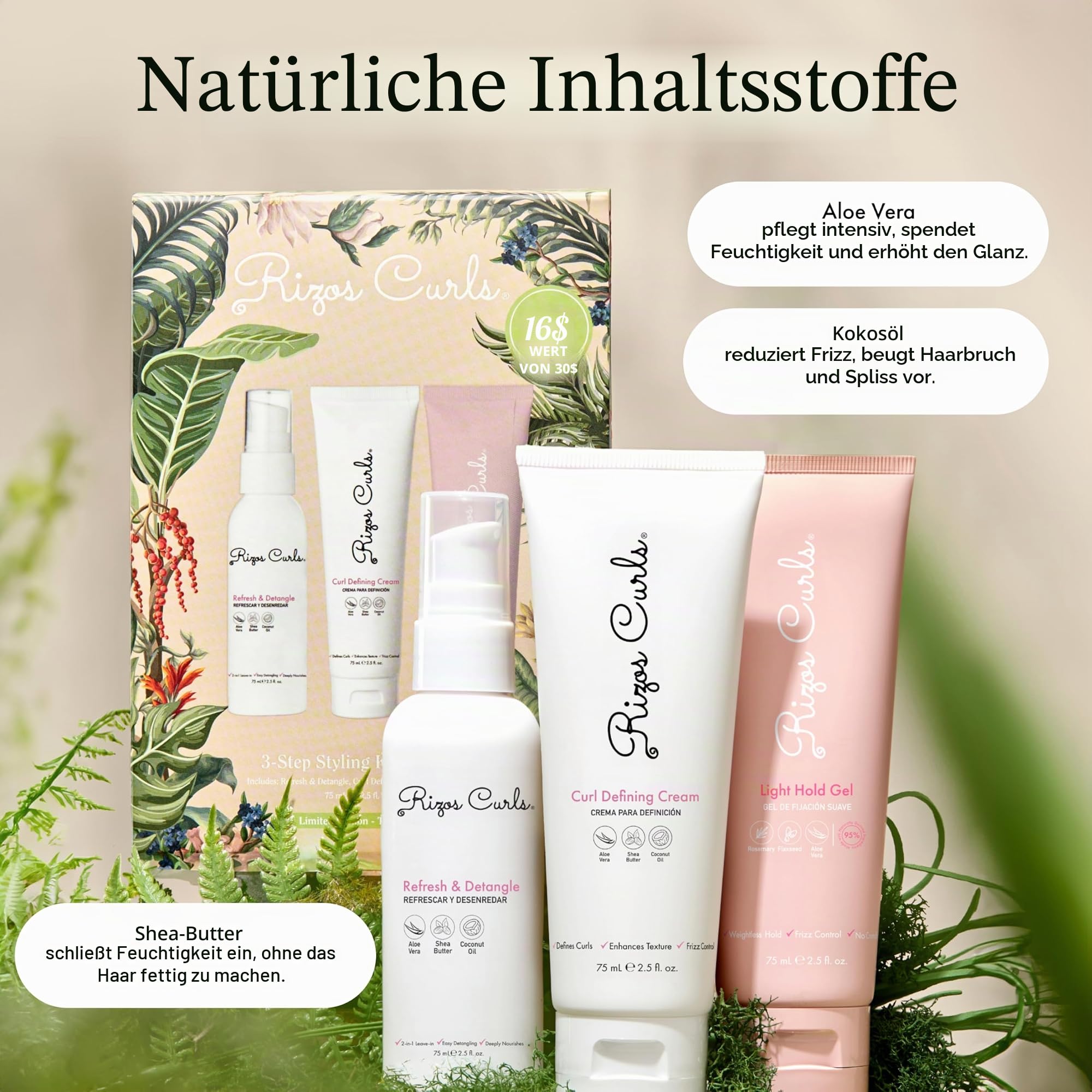 Rizos Curls 3-Stufen-Styling-Kit für Locken, strafft und definiert Locken, fügt Volumen und Halt hinzu, kontrolliert Frizz und Glanz
