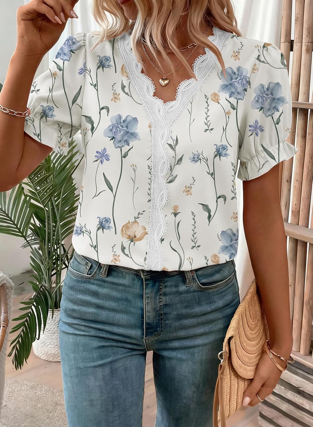 SHEWIN Womens Blouses Dressy Casual Lace V Neck Floral Tops Pulllover Short Sleeve Shirts Cute Summer Tops for Women 2026 - Image 6