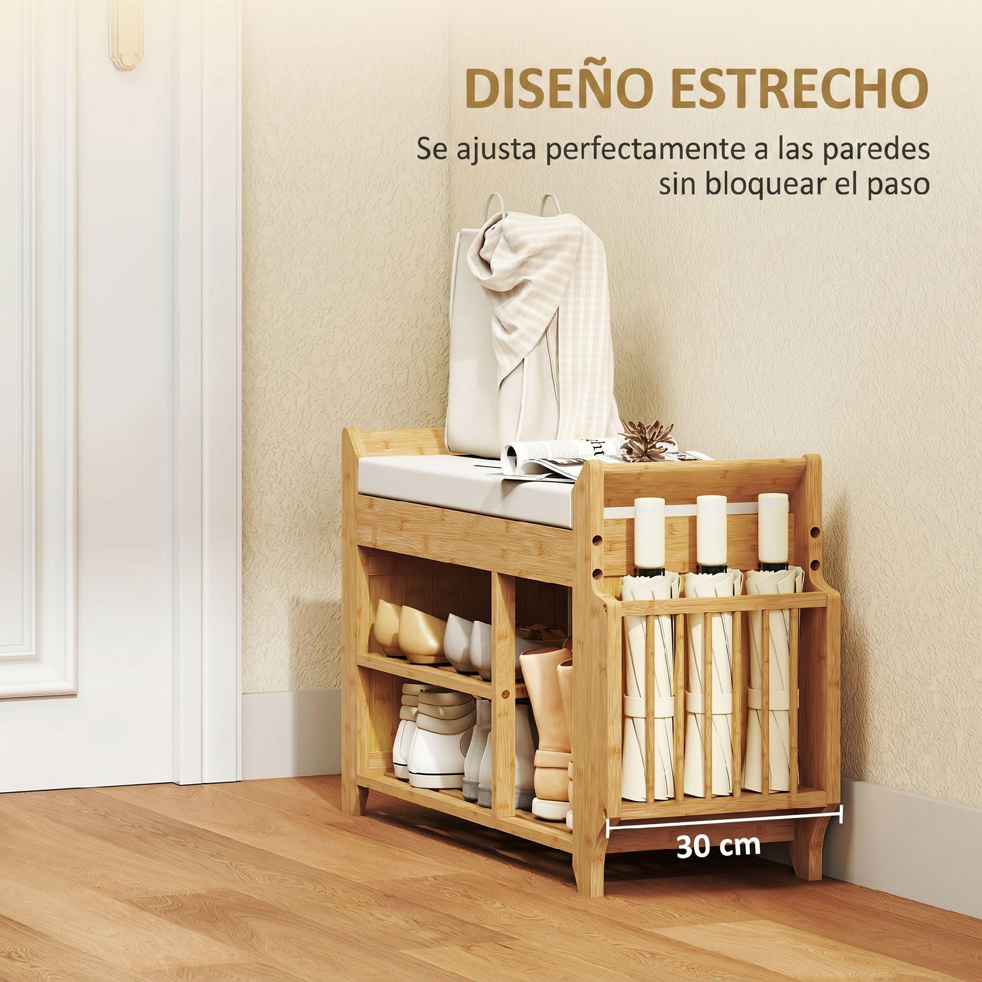 HOMCOM Banco Zapatero con Asiento Acolchado 80x30x50 cm Natural y Beige | Banco Recibidor, Almacenamiento Lateral, Estante para Botas, Marco de Bambú, Entrada de Casa, Pasillo, Salón