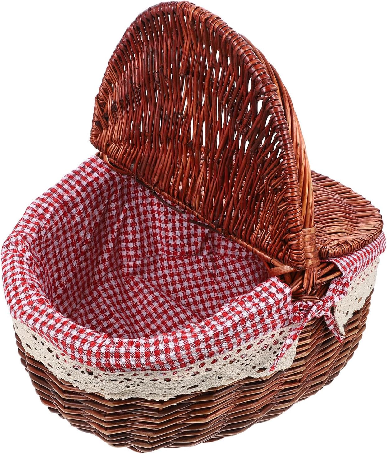 Wicker Picnic Basket with Double Handles Handmade Woven Storage Basket for Fruit and Vegetables Red Plaid Outdoor Picnic
