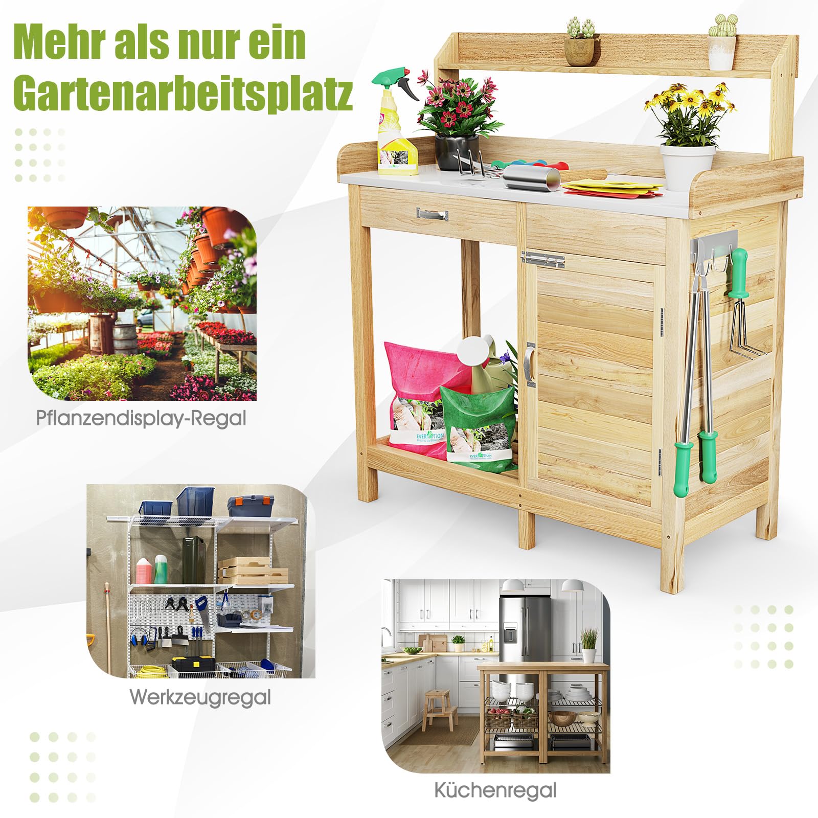 RELAX4LIFE Pflanztisch, Gartenarbeitstisch mit verzinkt Arbeitsplatte, Gärtnertisch aus Holz, Blumentisch mit 3 Haken, Schubladen, Unterschrank und offenem Regal, Gartentisch Wetterfest, 112x46x125 cm
