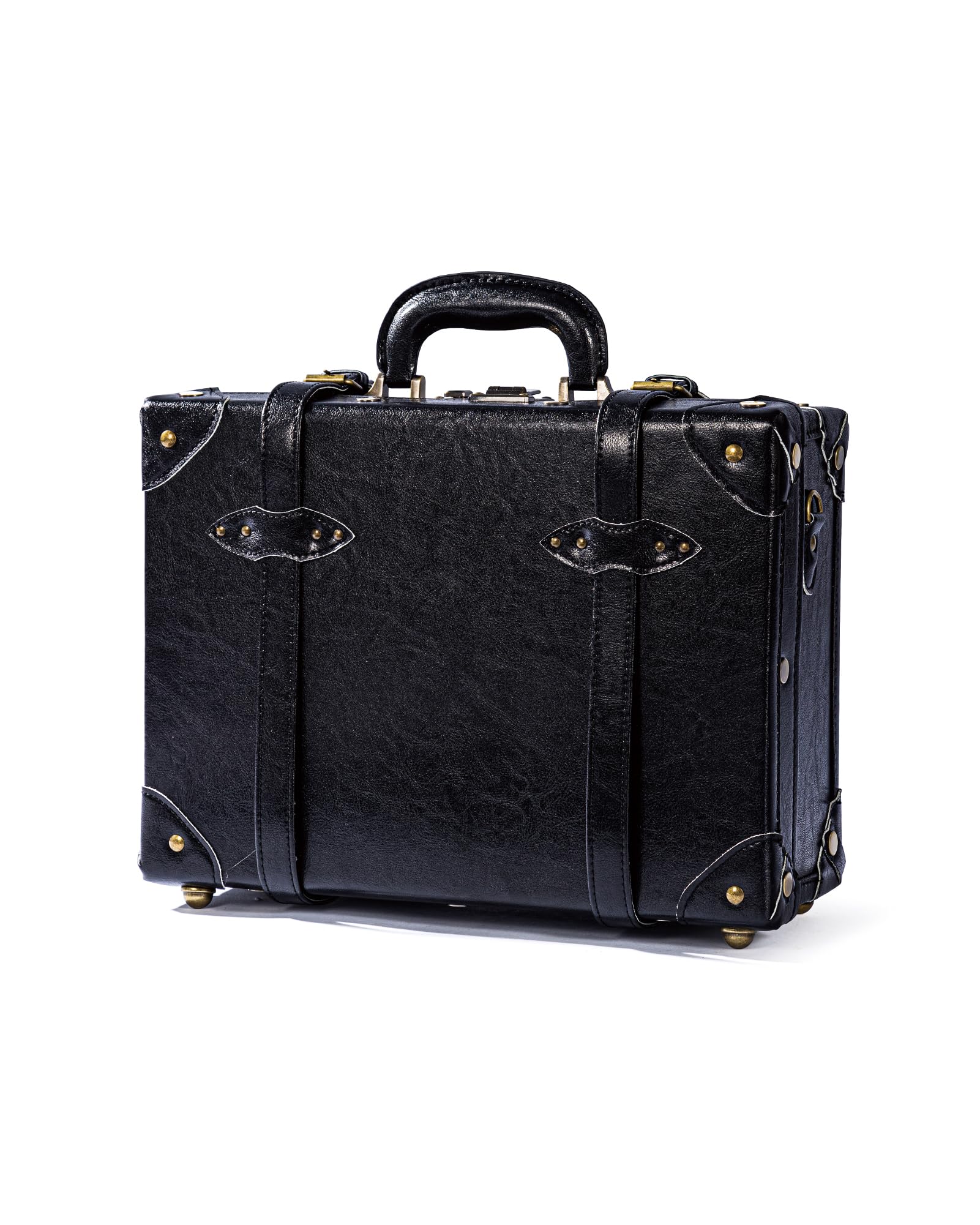COTRUNKAGE 16" Carry On Suitcase Cute Pu Overnight Vintage Trunk Luggage Bag for Women with Strap, Full Black