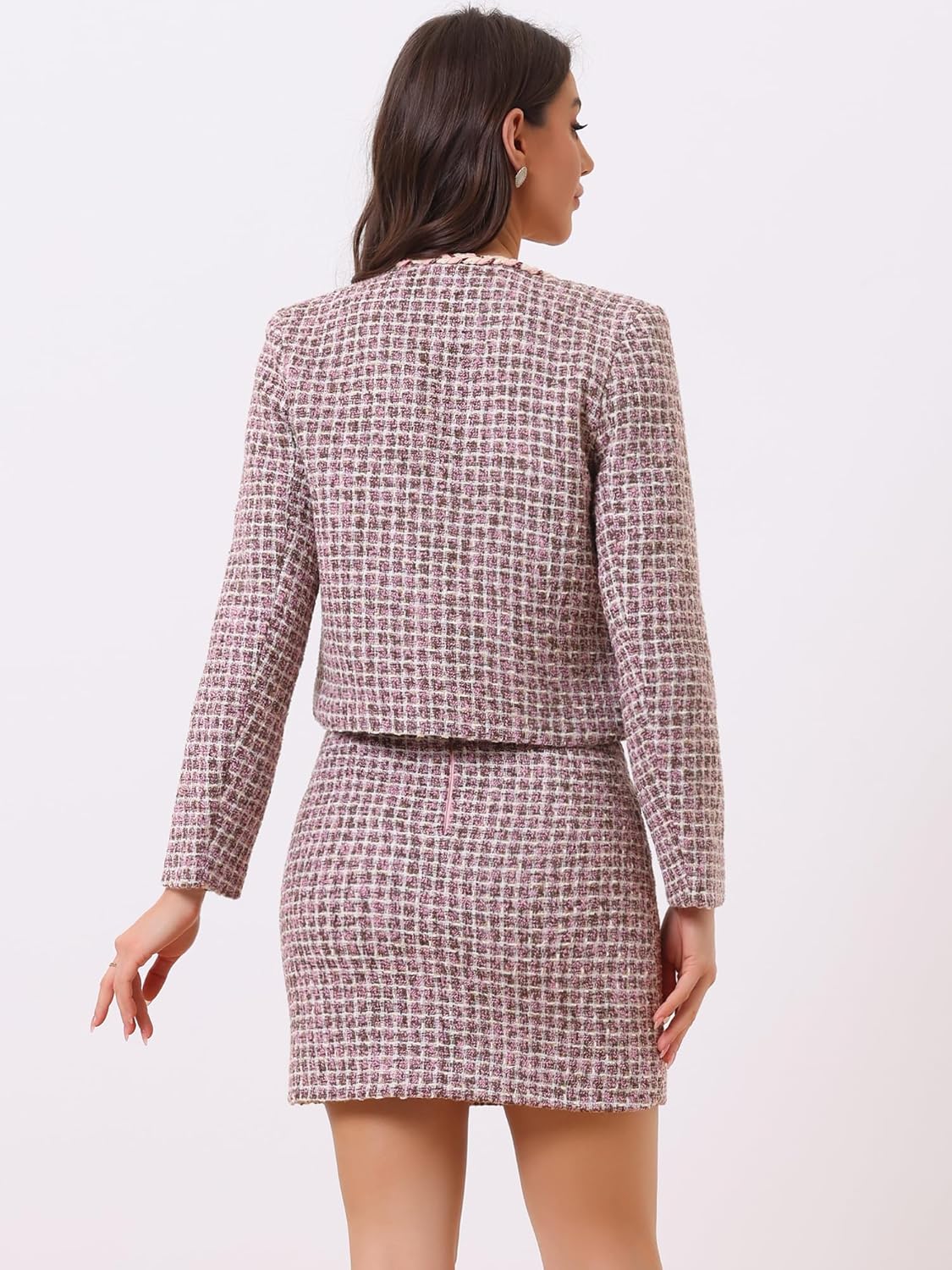 Allegra K 2 Piece Tweed Plaid Skirt Set for Women's Business Collarless Blazer and Mini Skirt Suit Sets - Image 3
