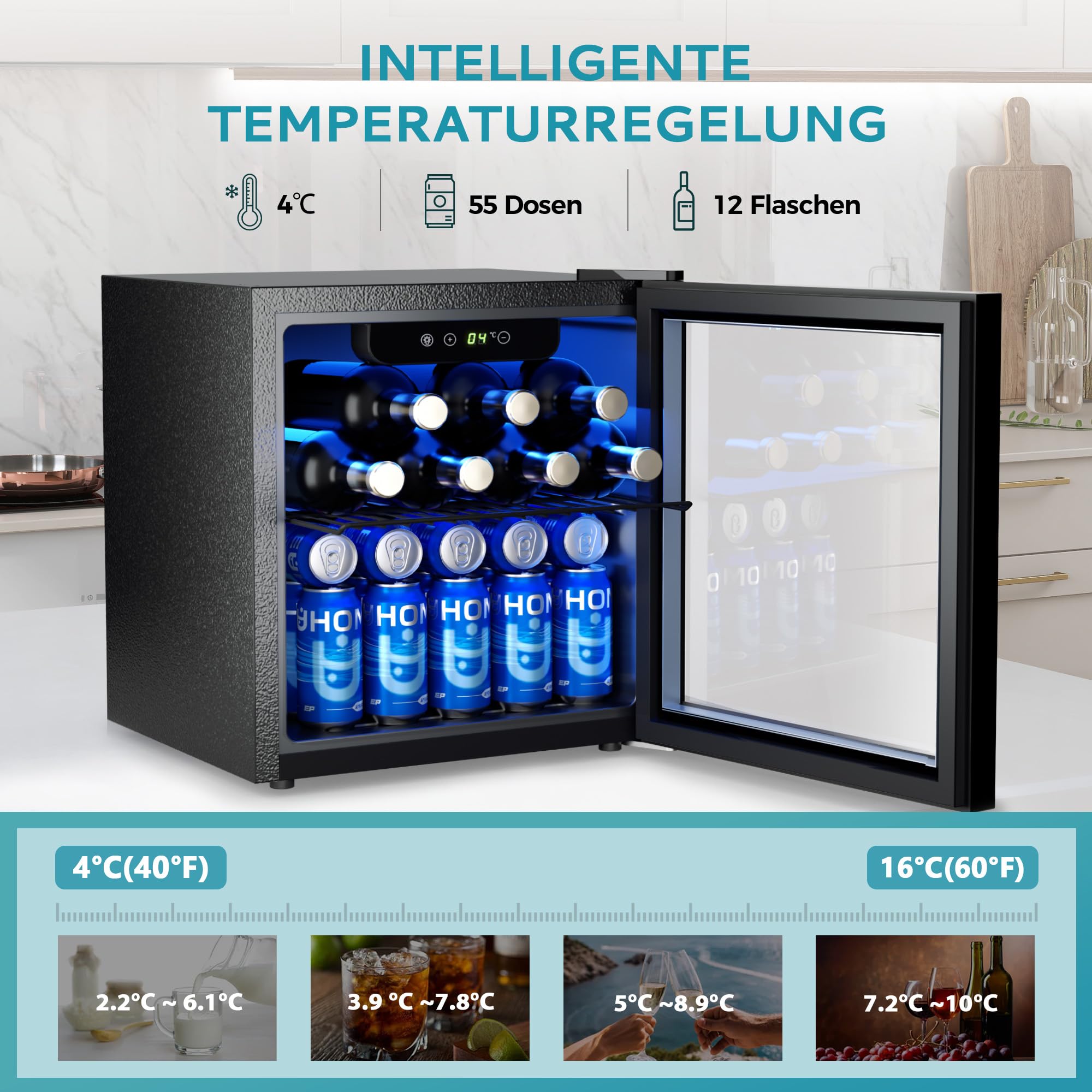 EUHOMY Getränkekühlschrank Mini Kühlschrank Glastür 55 Dosen 36L Schwarz LED 43dB Geräuscharm