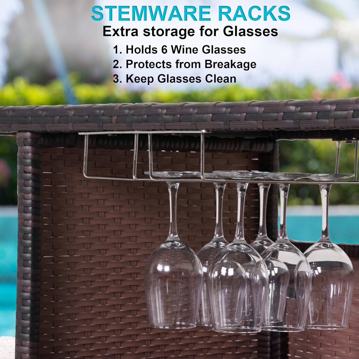 FHFO Patio Bar Table Outdoor Bar Table Patio Wicker Bar Counter Table Backyard Furniture Portable Bar Table Patio Side Table with 2 Steel Shelves and Goblet Wine Glass Holders for Pool Party Backyard