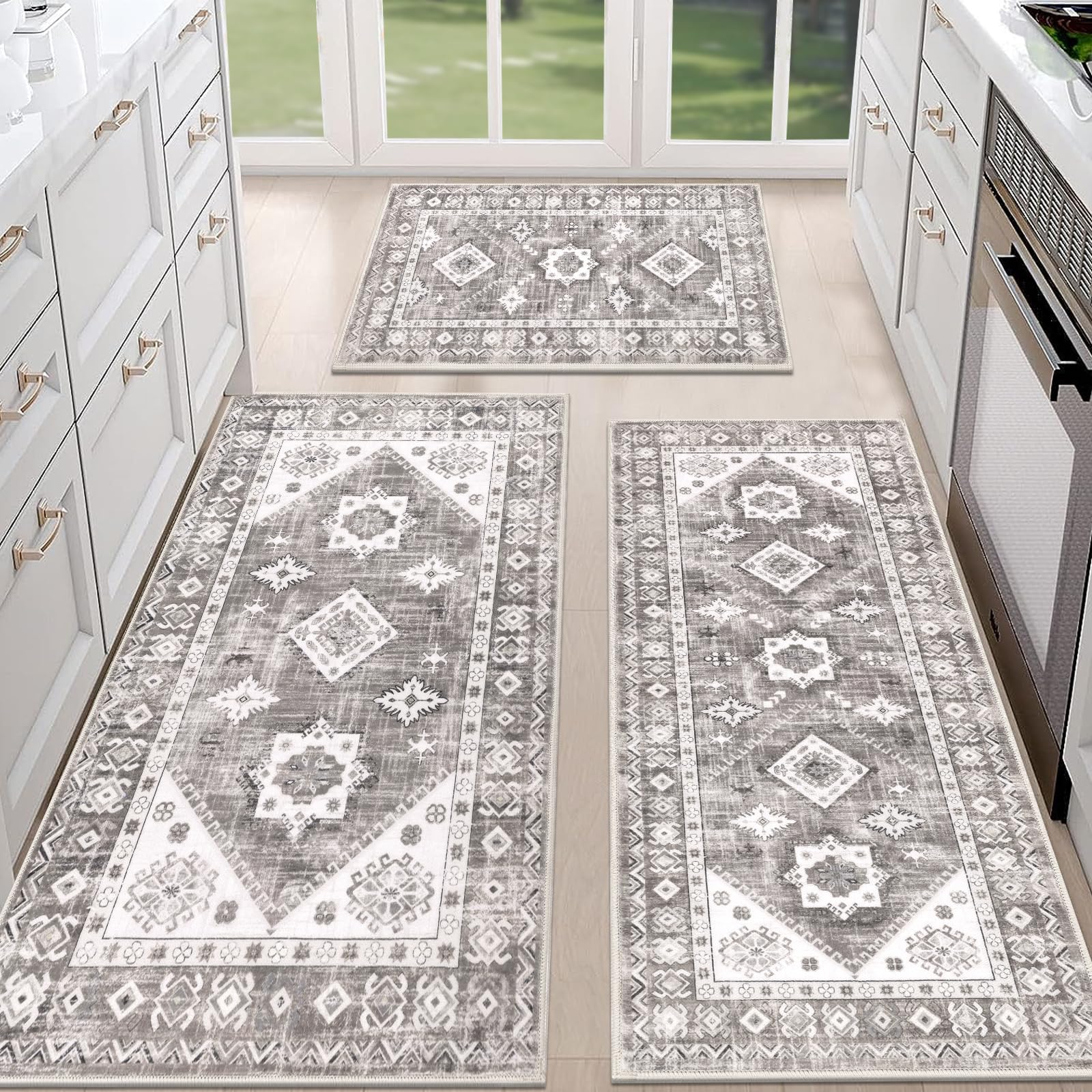 HEBE Boho Kitchen Rug Sets 3 Piece with Runner Non Slip Kitchen Rugs and Mats Washable Kitchen Mats for Floor Thick Kitchen Floor Mat Carpet Runner