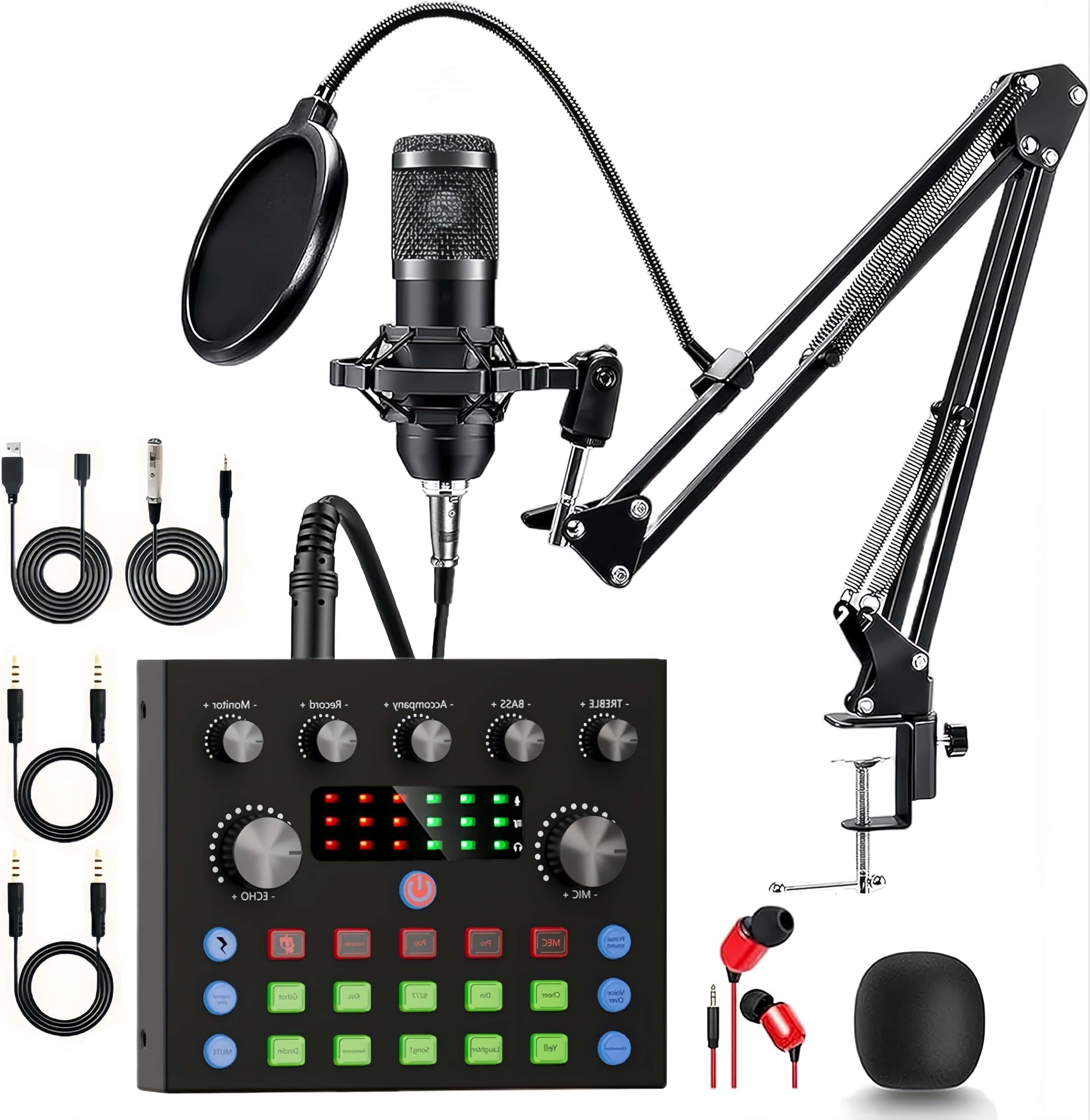 BM-800 Podcast Equipment Bundle, Voice Changer Microphone Kit with Stand, Professional Recording Studio Package for Live Streaming (Black)