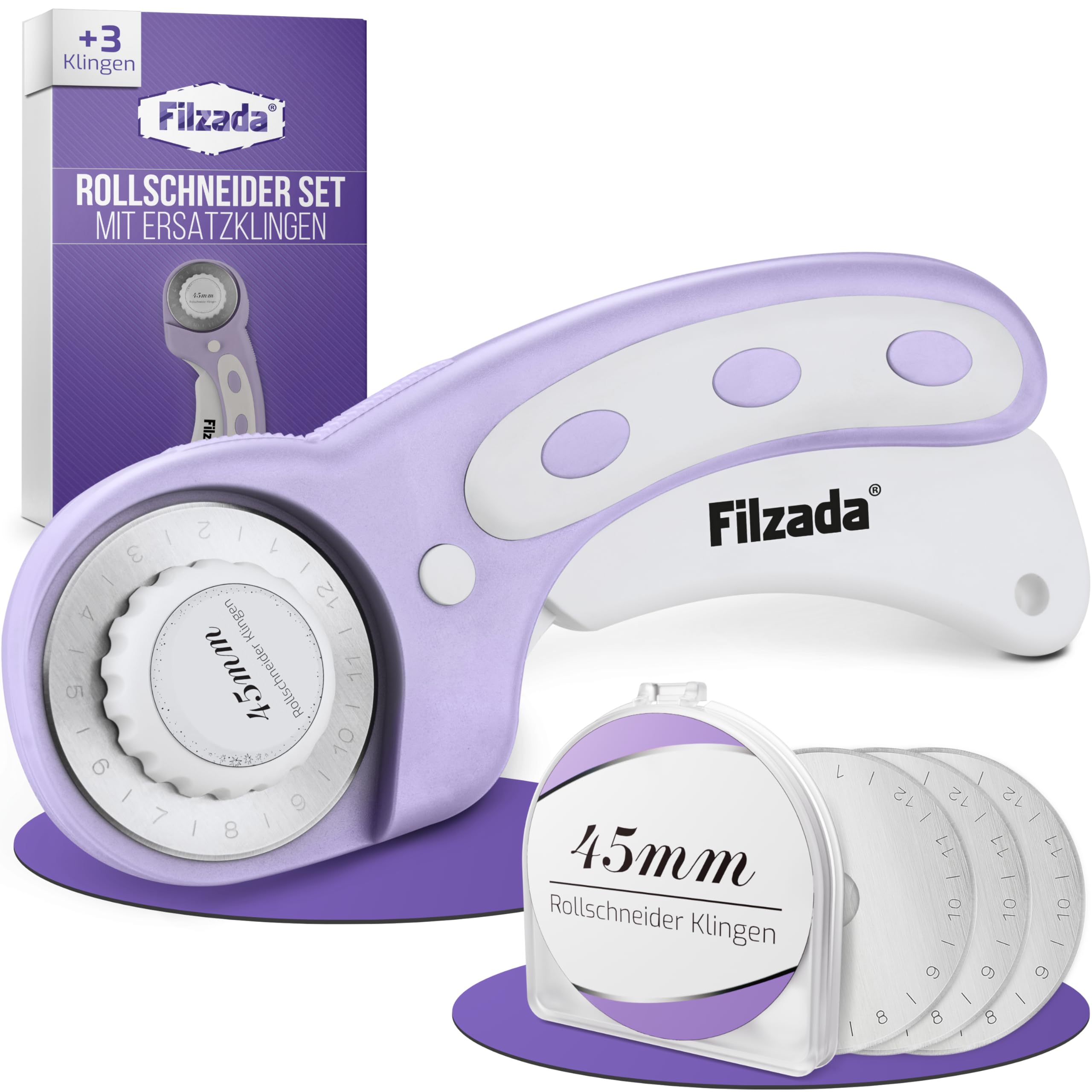 Filzada® Profi Rollschneider Stoff Ø 45mm Set + 3x Rollmesser Ultra Scharf | Rotary Cutter, Rollenschneider Papier, Stoffschneider - für Nähen, Quilten, Leder - scharfe Edelstahlklingen