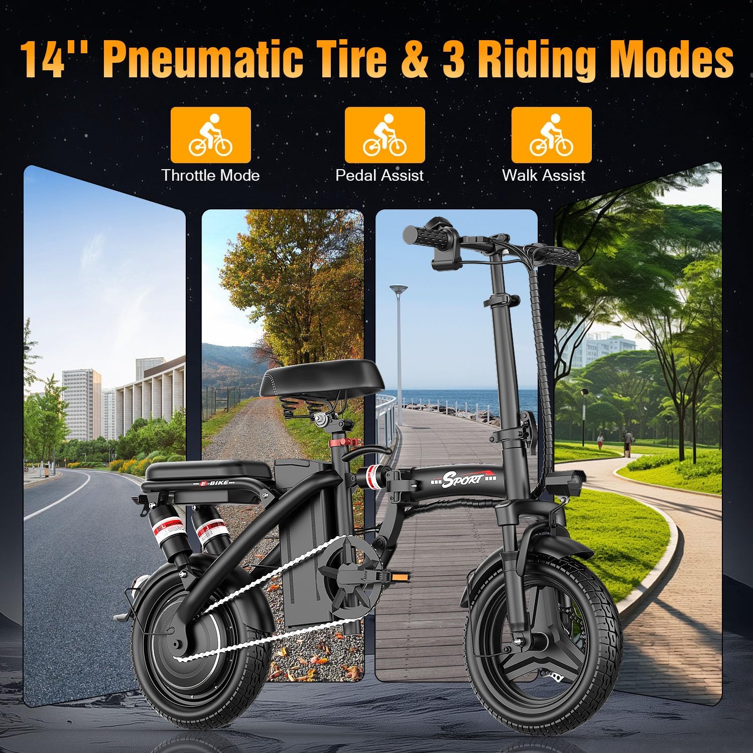 Pikabike Z8 Electric Bike showing three riding modes: Throttle, Pedal Assist, and Walk Assist.