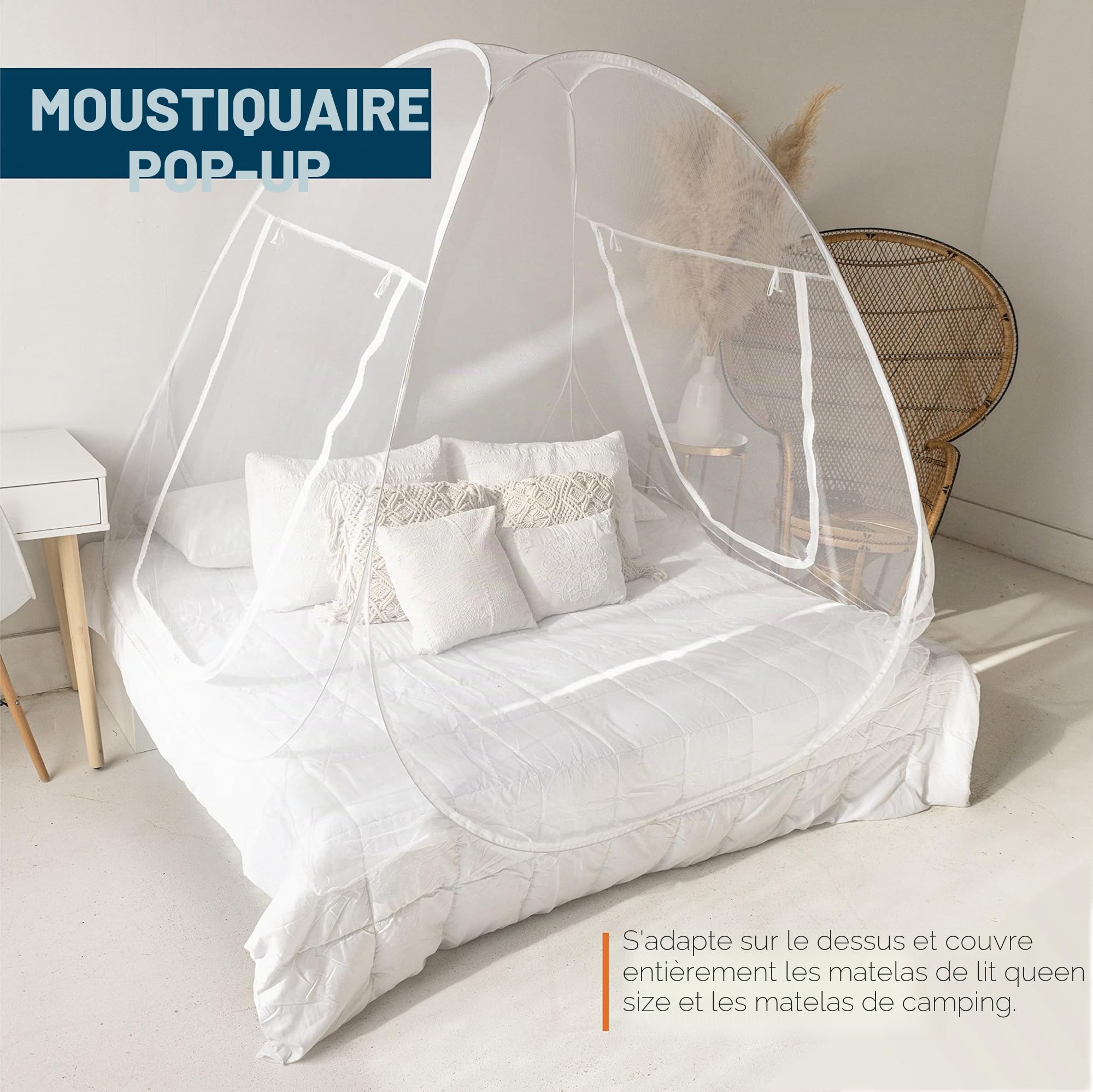 MP Moustiquaire Portable pour Lit, 203x180x160 cm (Blanc)