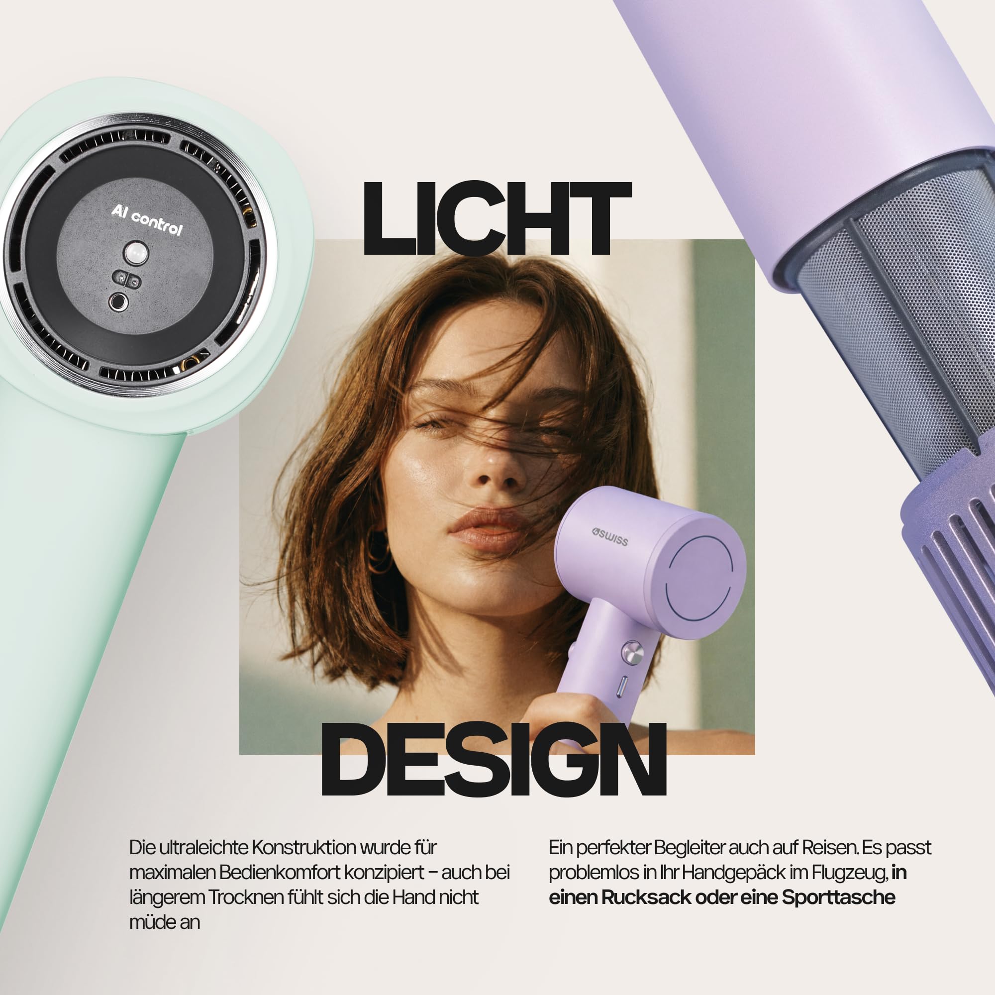 4Swiss Föhn mit Ionen Haartrockner Fön Hair Dryer für Haare Glatt Haarföhn Klein Reisefön Leise Handlich Hochleistungsföhn Hairdryer Leicht Zubehör Hair Dryer Blow Friseur - F326 SmartAI+ Lavendel