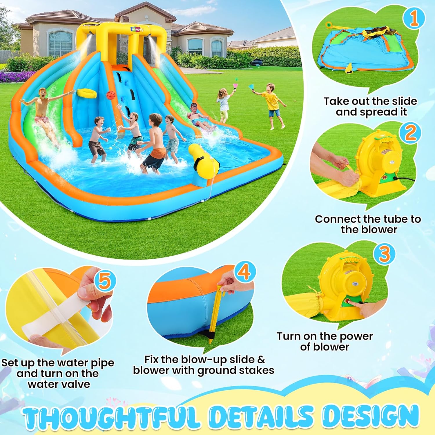 11x10.2 FT Inflatable Dual Water Slide w/Catch Ball Set, 11-in-1 Blow Up Waterpark w/2 Long Slides, Splash Pool, Climbing Wall, Basketball Rim, Water Cannon - 5 Water Toys & Inflatable Ball & Blower