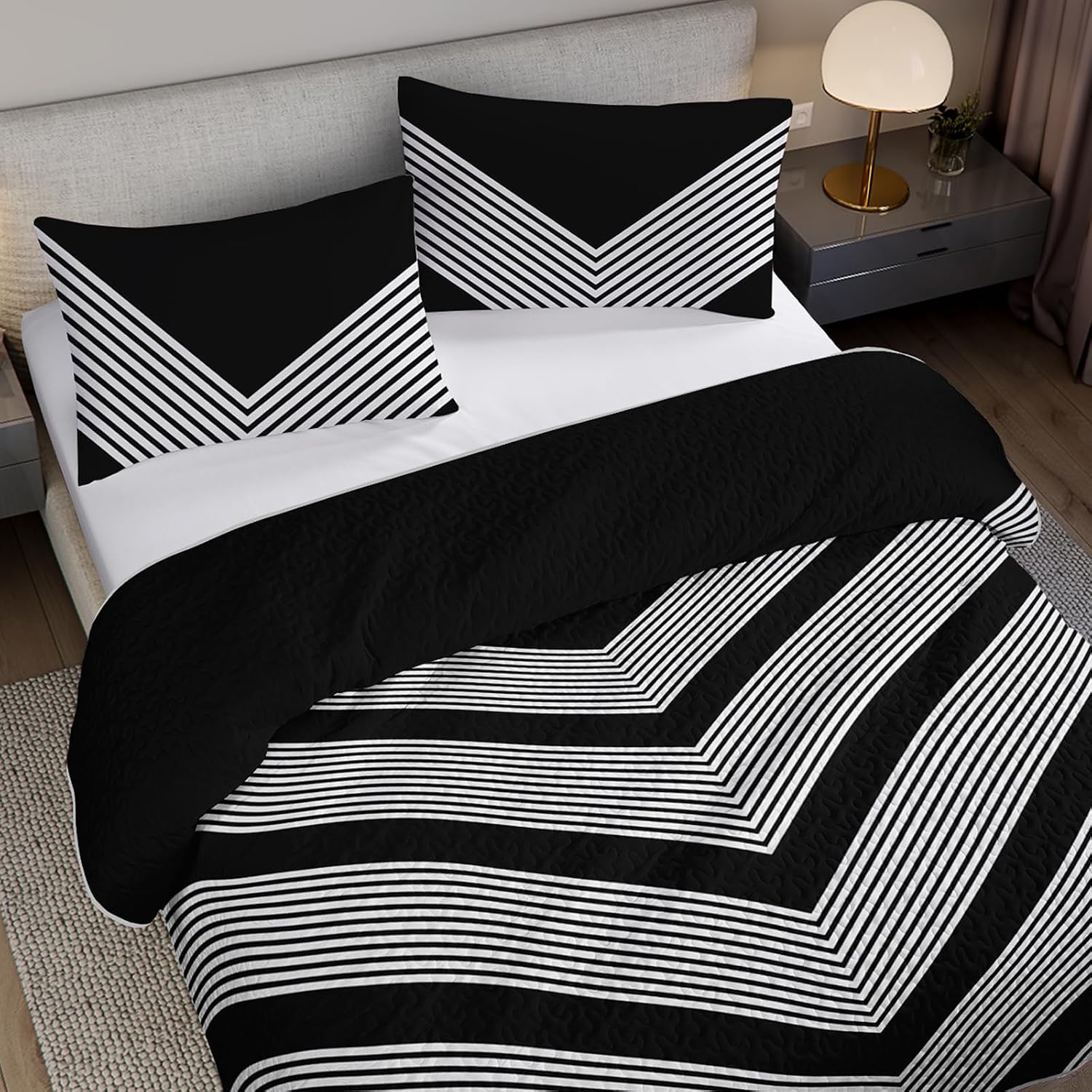 Black and Grey Abstract Quilt Set,3Pcs Contemporary Striped Bedding for Girls Adults Women,Vintage Abstract Bedspread Coverlet,Retro Geometric Bed Coverlet with 2 Pillow Sham,Lightweight