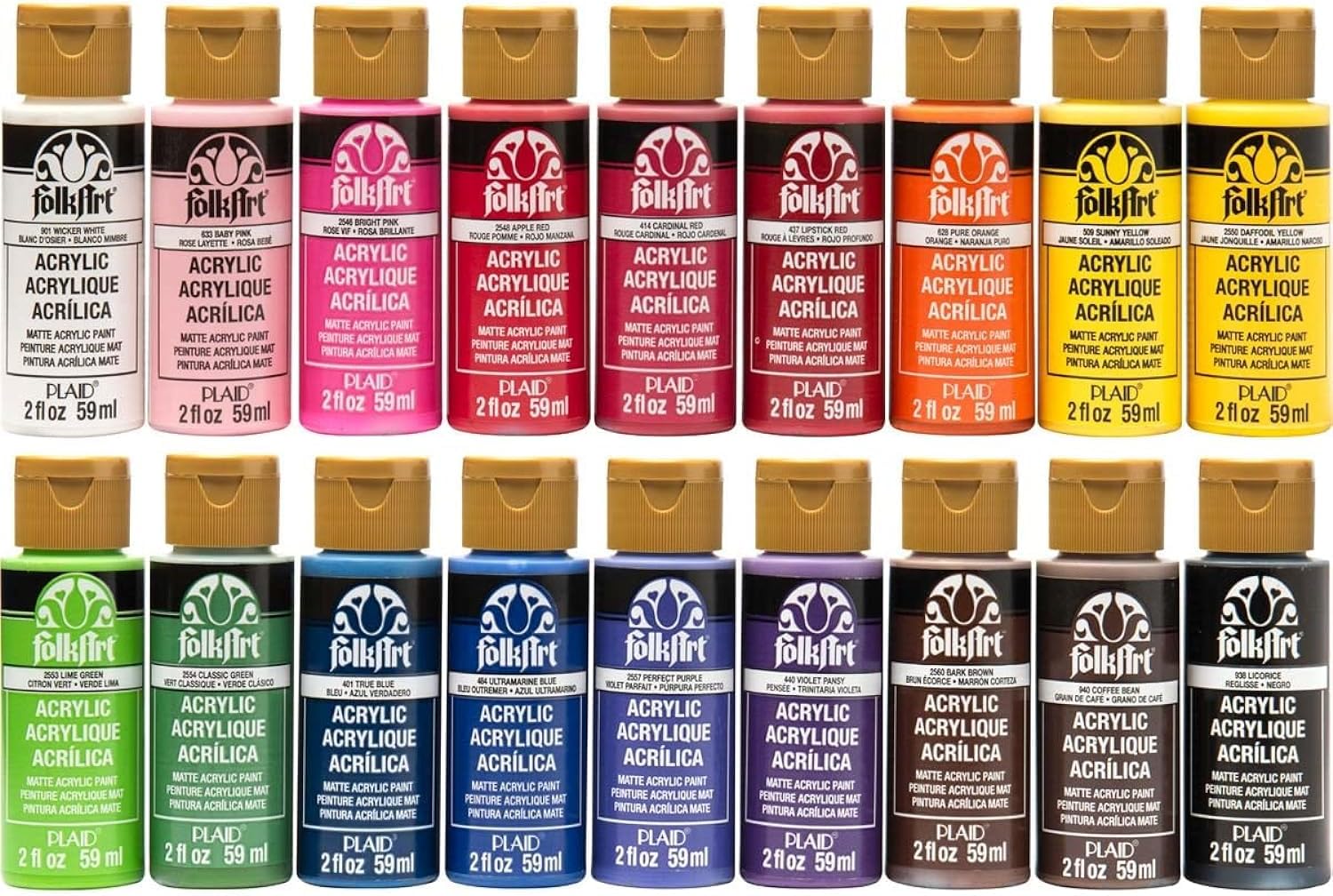 Folk Art Acrylic Paint in Assorted Colors (2-Ounce), PROMOFAI Colors,59 ml (Pack of 18)