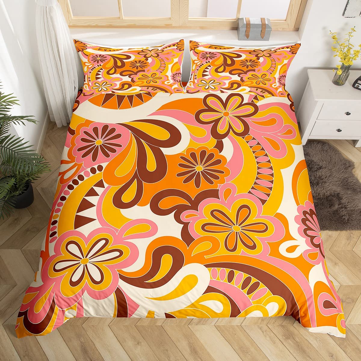 Homewish Girls Multi 08 Abstract Bohemian Floral Botanical Duvet Cover Double For Women,Mid Century Modern Boho Bedding Set Groovy Flower Comforter Cover Funky 1960S 1970S Swirls Floral Bed Cover With 2 Pillowcase