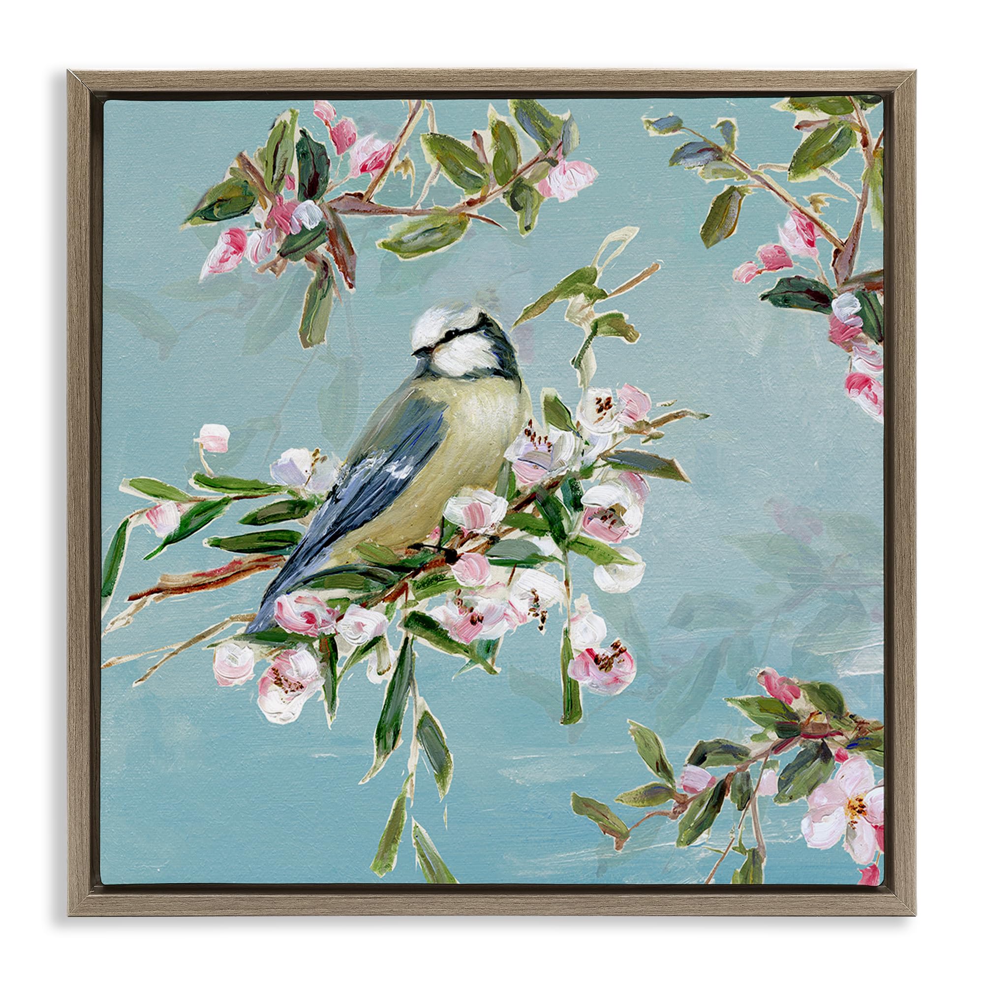 Stupell Industries Montalcino Elm (Textured) 'Songbird Perched On Blooms'| Floating Frame Canvas Art
