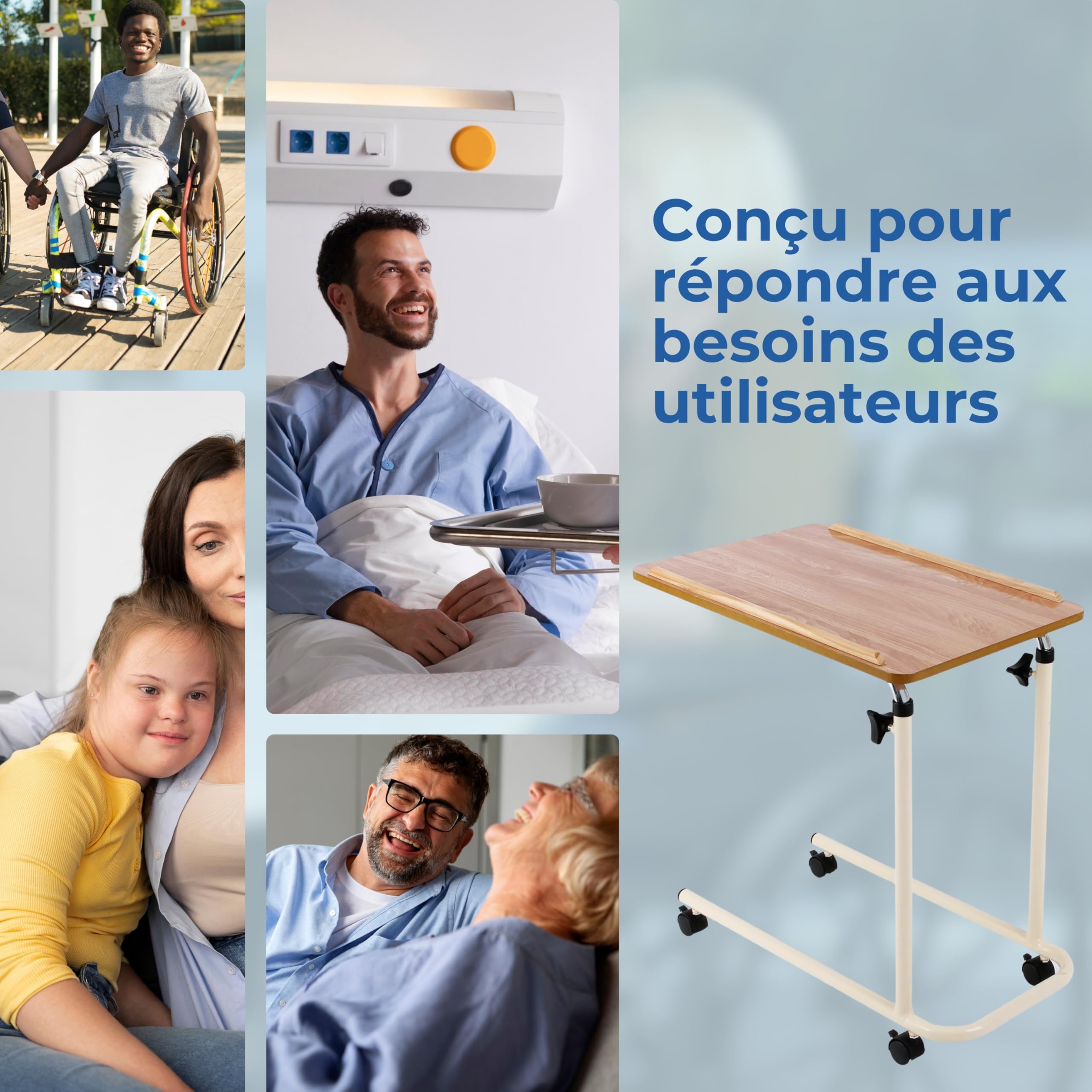 Days Overbed Table with Castors, Laptop Desk with Wheels, Bedside Table, Study Desk, Fully Adjustable Height and Angle, Laminated Top, Flat Packed