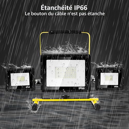 Viugreum Projecteur Led Chantier 100w avec Trépied et Prise Luminaire Exterieur à Trois Têtes Avec 3M Câble IP65 Étanchéité Blanc Froid 6500K Portable Lampe Chantier pour Atelier Garage Construction - 6