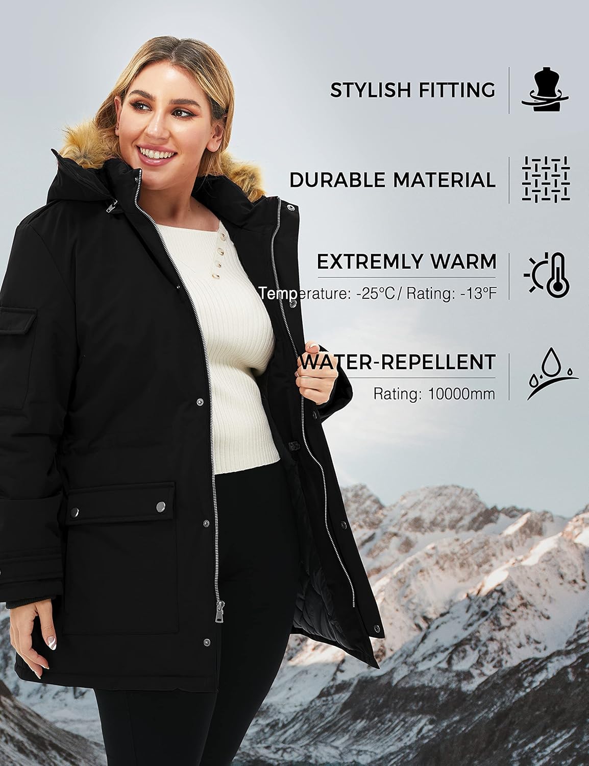 Soularge Women's Winter Plus Size Waterproof Thicken Puffer Coat with Faux fur Hood - Image 6