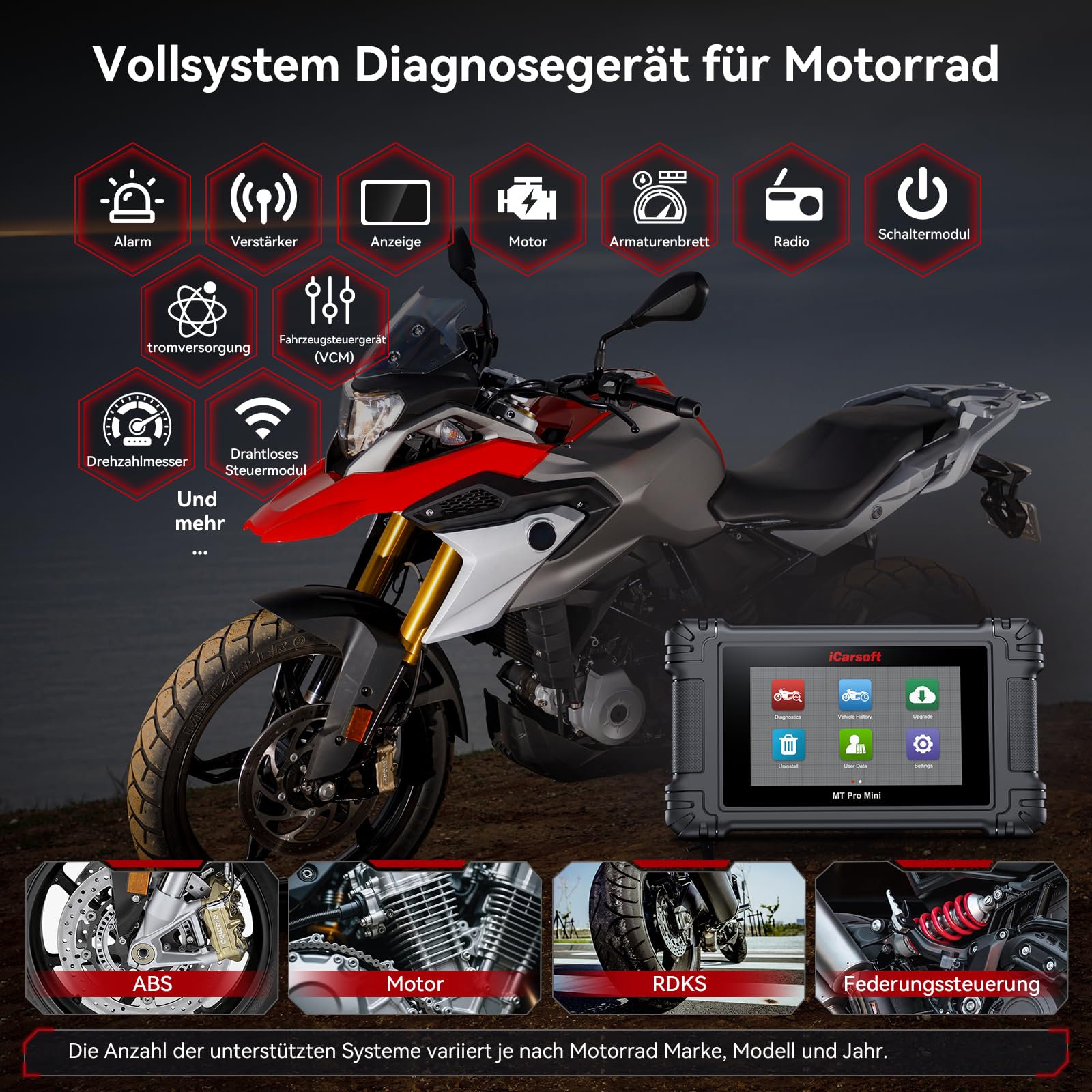 iCarsoft MT Pro Mini Motorrad Diagnosegerät für 21 Marken, OBD2 Diagnosegerät mit Alle Servicefunktionen, Komplettsystem Auslesegerät, Bidirektionaler Test, AutoVIN, Batterietest, Lebenslanges Update
