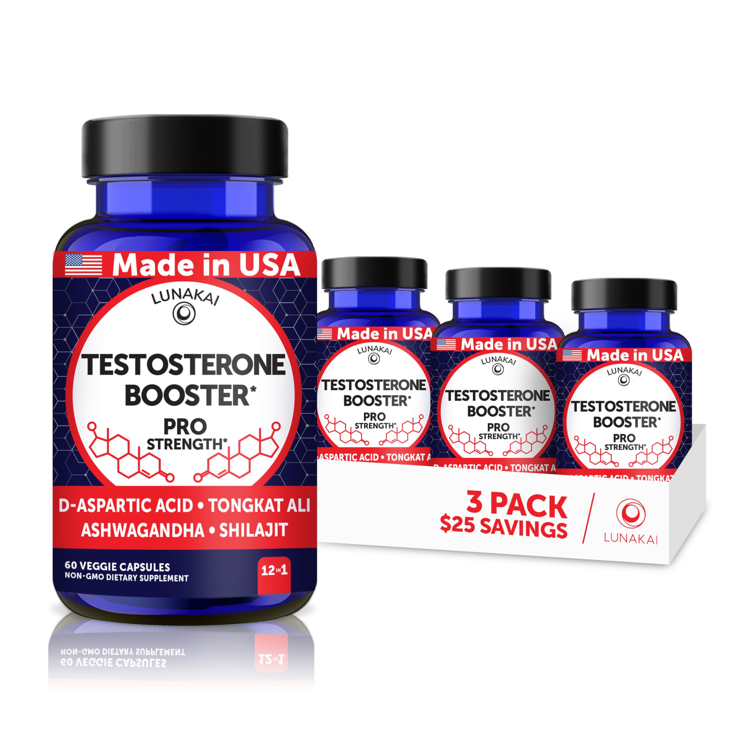 Lunakai USA Made Natural Testosterone Booster for Men, 3 Pack 60 Count (Pack of 3) Testosterone Capsules
