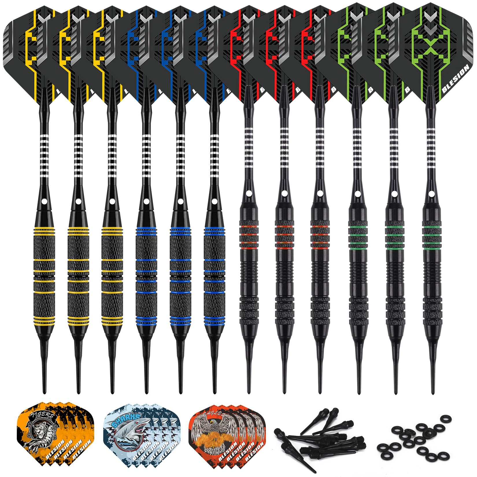BLESION Dartpfeile mit Kunststoffspitze 12 Stück 18 Gramm Profi Dartpfeile Set für Elektronische Dartscheibe, Dartpfeile mit 12 Flights 20 Gummiringen 50 Dartspitzen (2025 New)