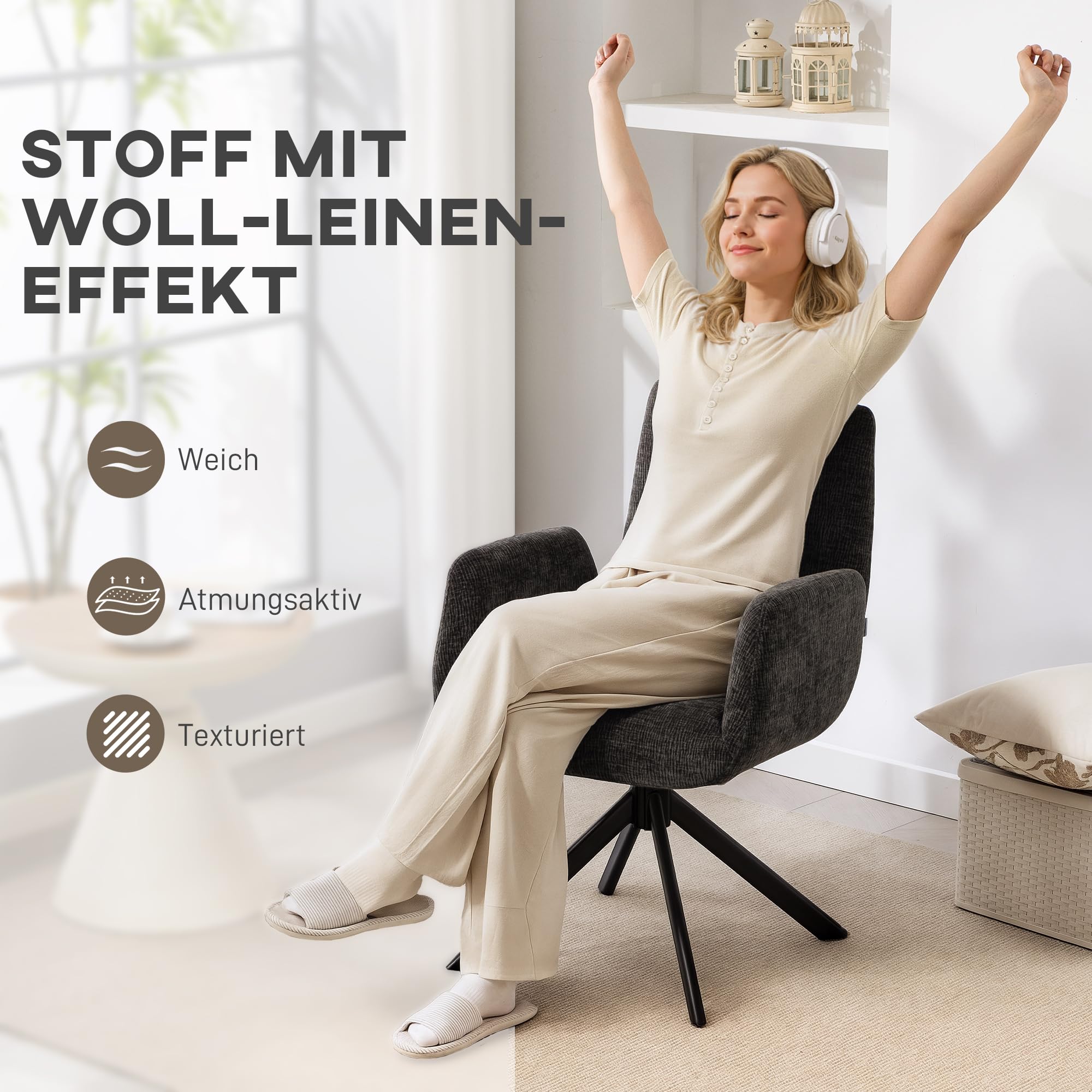 HOMCOM Sessel Drehbar Loungesessel mit Armlehne, Wolle-Leinenoptik, modern Polsterstuhl mit Knopfheftung, Stahlbeine, für Wohnzimmer, Schlafzimmer, Schwarz