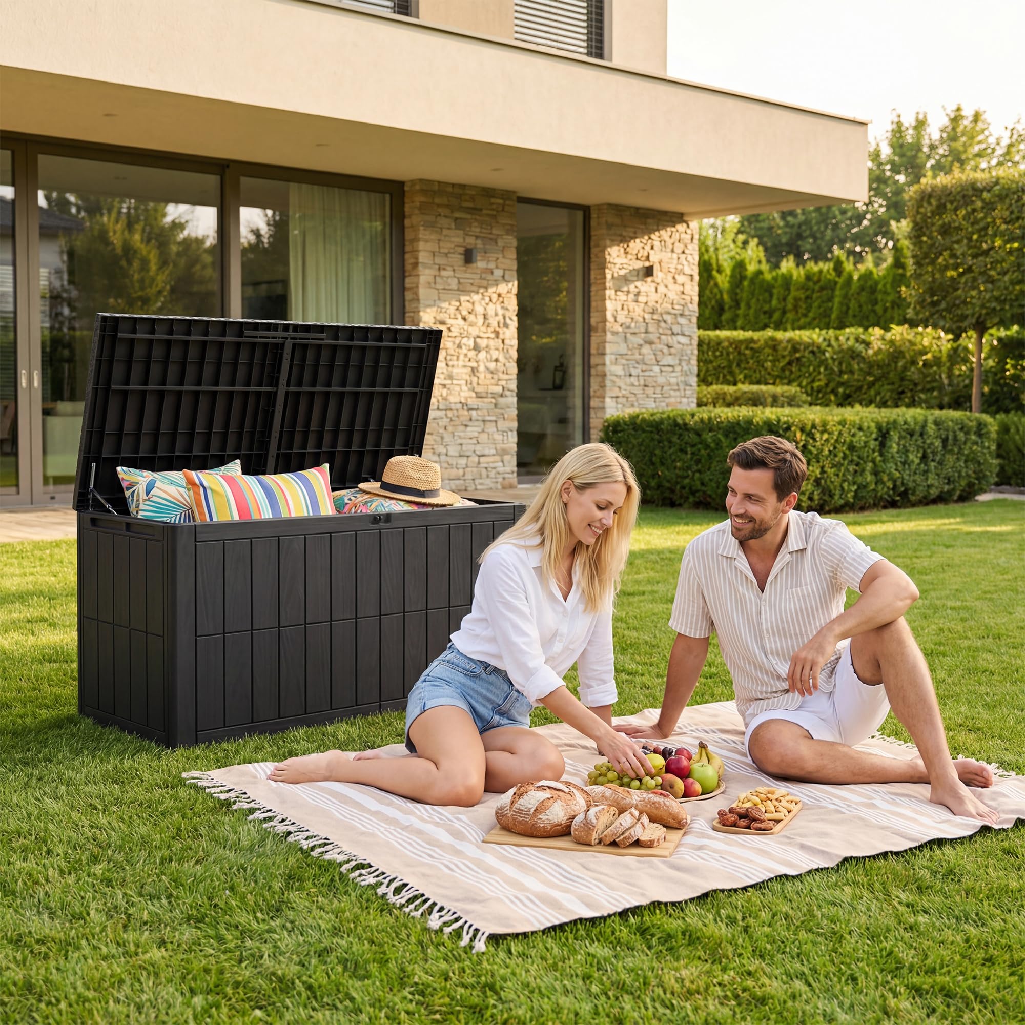 UDPATIO Baule da Giardino Impermeabile 450L, Box Contenitore da Esterno con Molla a Gas, Cassapanca Portacuscini in Plastica per Attrezzi e Accessori Piscina - Antracite