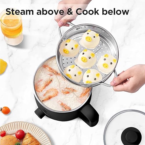 Miniatura 3 de Topwit Cocina eléctrica con vapor, olla de ramen de 1.6 L y hervidor eléctrico de agua caliente de vidrio de 1 litro