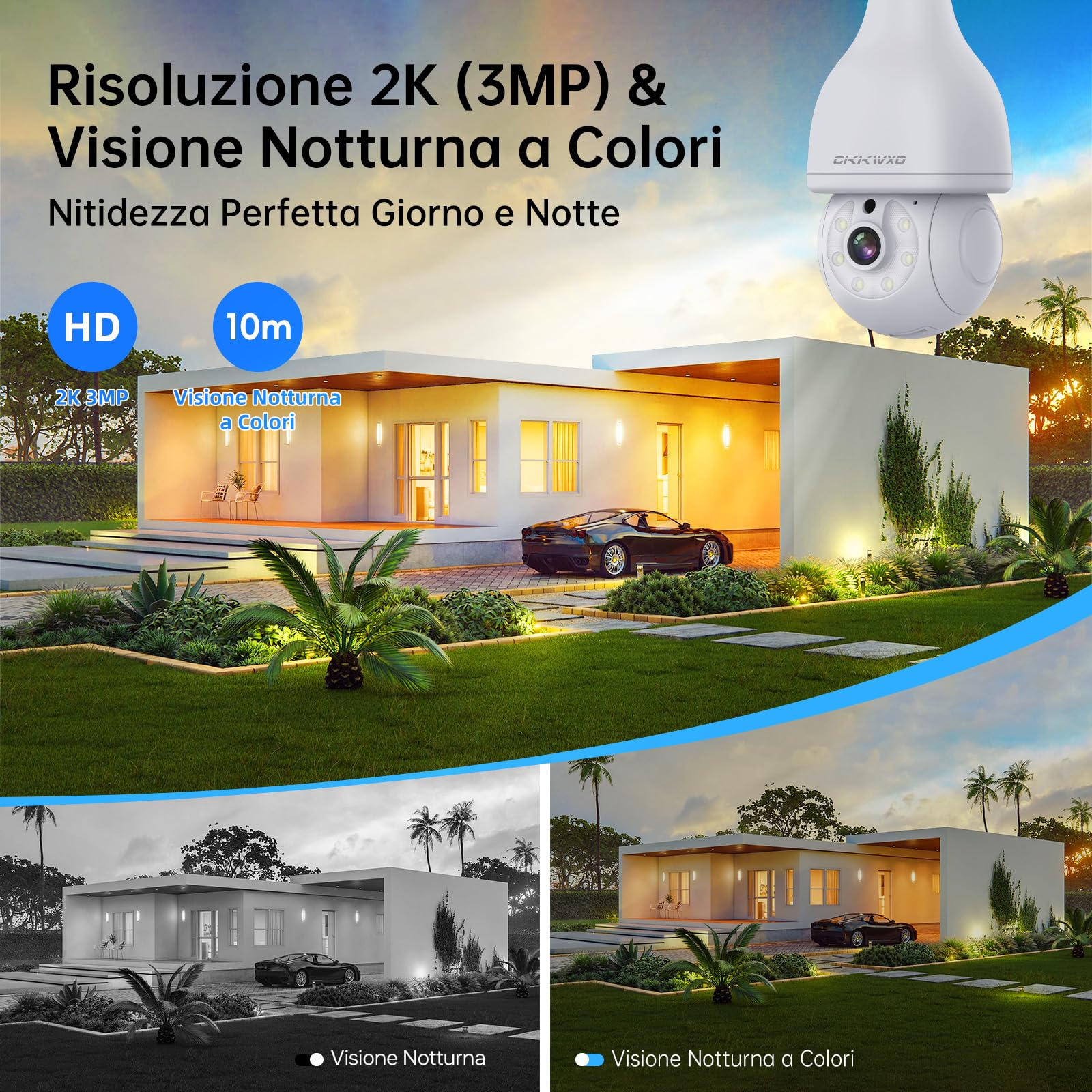 Telecamera Lampadina WiFi 2K，Videocamera Sorveglianza 2.4/5GHz | Visione Notturna, Rilevamento Movimento, Auto-Tracking, Audio Bidirezionale, E27 Standard per Esterno/Interno (2pezzo)