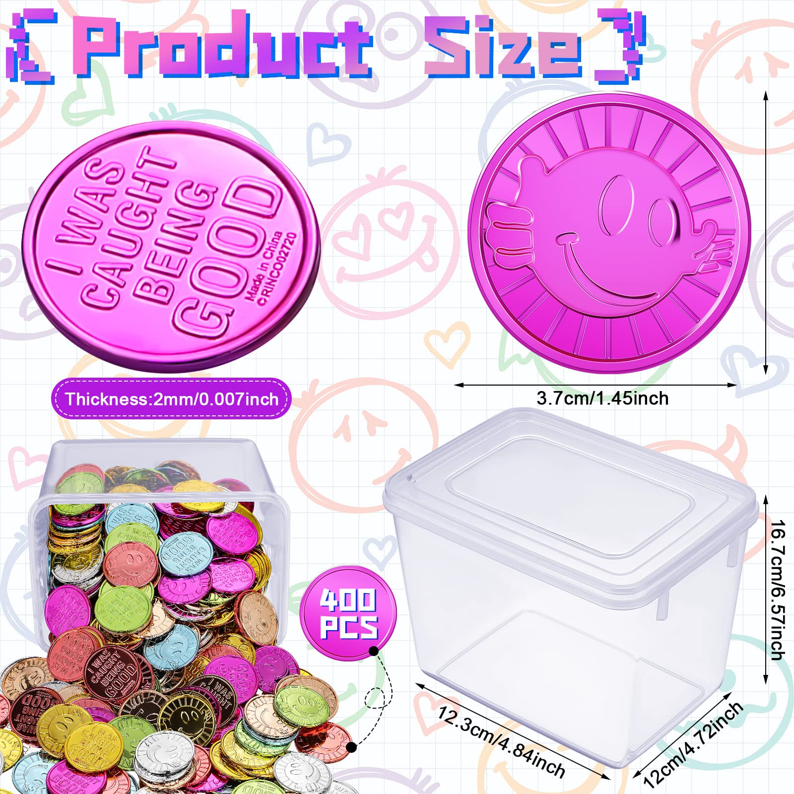 Leitee 400 Pcs Caught Being Good Tokens Good Behavior Bulk Incentive Coins Reward Coins Kid Smile Face Colored Plastic Token with Clear Box for Student Reward Classmate Prizes School Teacher Props