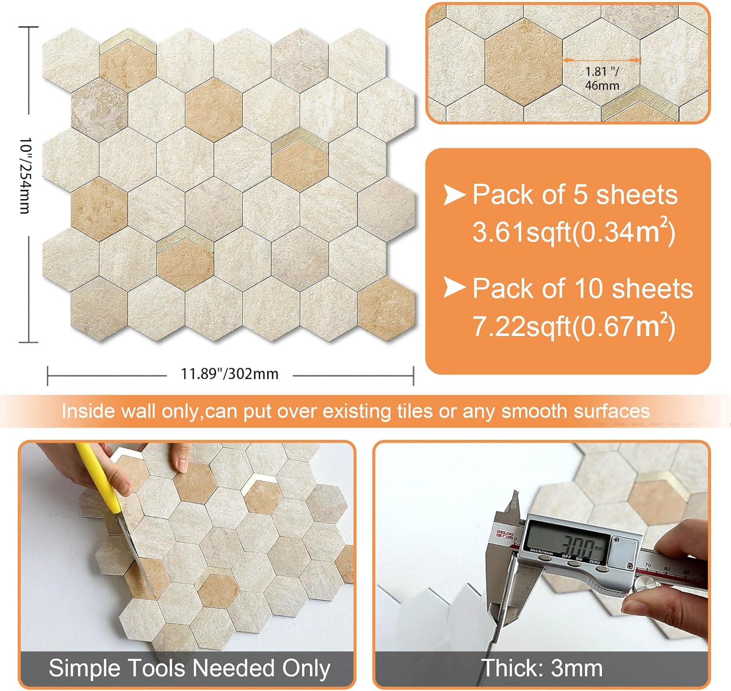 VAOVI Peel and Stick Backsplash Tile,Backsplash Tile for Kitchen Peel and Stick Wall Panels Hexagon Marble Tile(Beige Brown,10pcs)