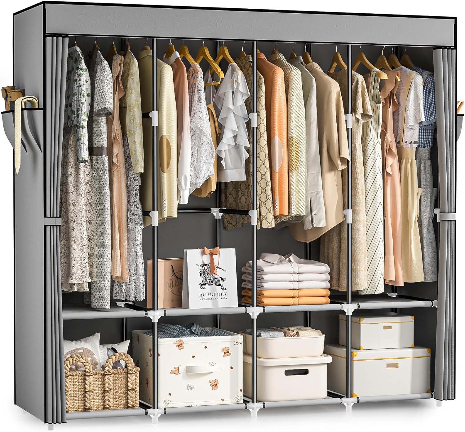 Portable Closet, 66 Inch Large Capacity Wardrobe for Closet Organizers and Storage with Non-Woven Fabric Cover, 4 Hanging Rods, 8 Shelves(Grey)