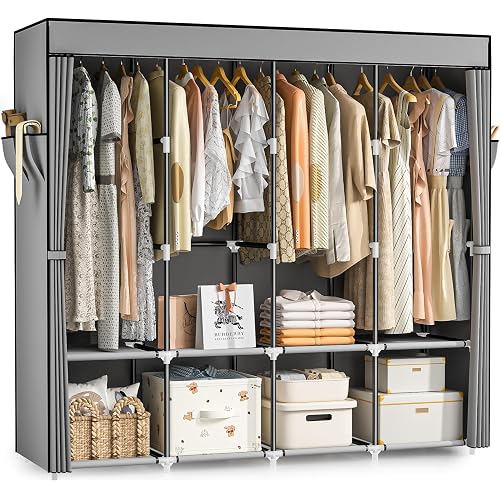 Neatrays Portable Closet, 66 Inch Large Capacity Wardrobe for Closet Organizers and Storage with Non-Woven Fabric Cover, 4 Hanging Rods, 8 Shelves(Grey)