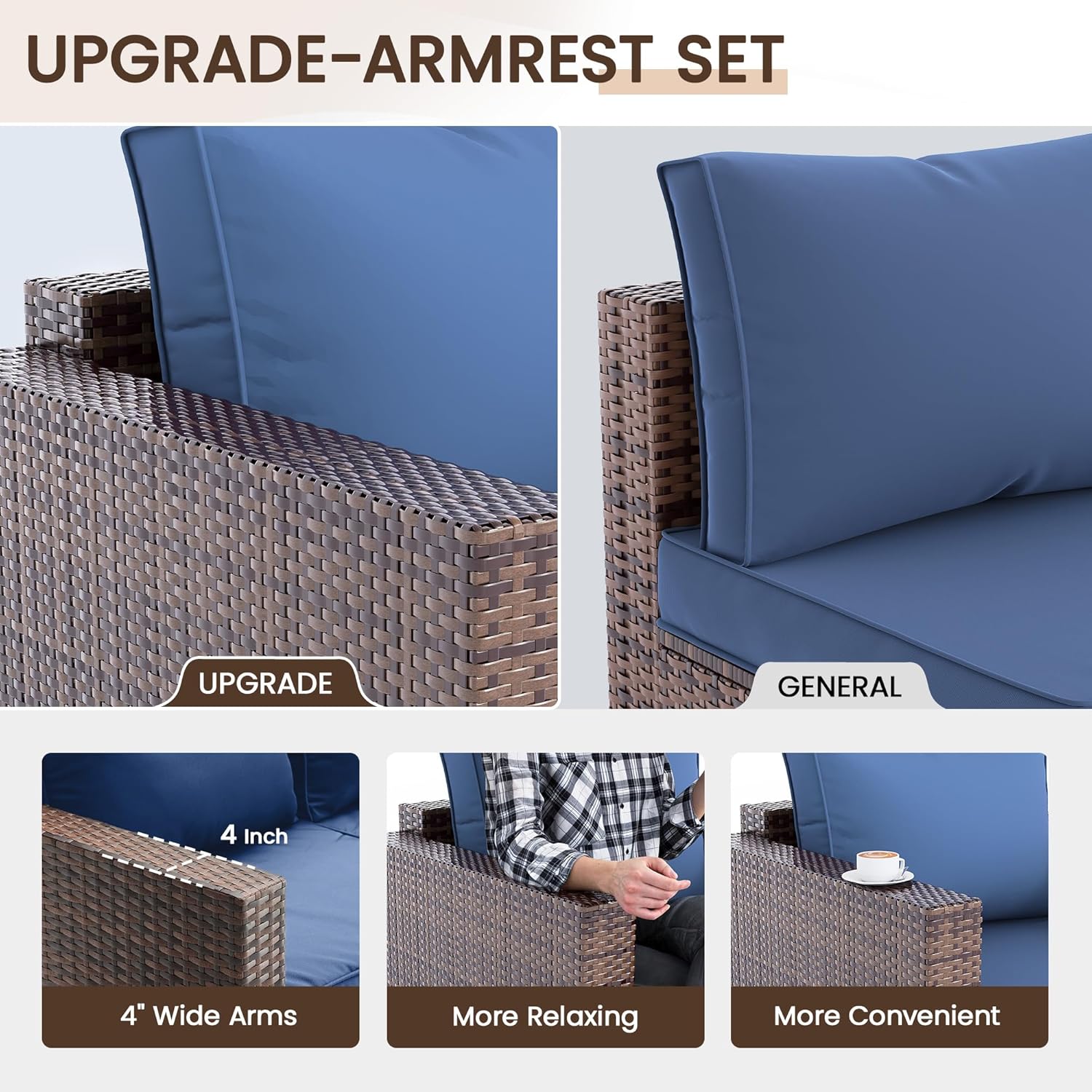Patio Furniture Set,5 Piece Wide Armrest Outdoor Furniture Chair with 4" Thickened Cushion,Wicker Patio Conversation Sets with Waterproof Covers for Backyard, Porch(Navy Blue)
