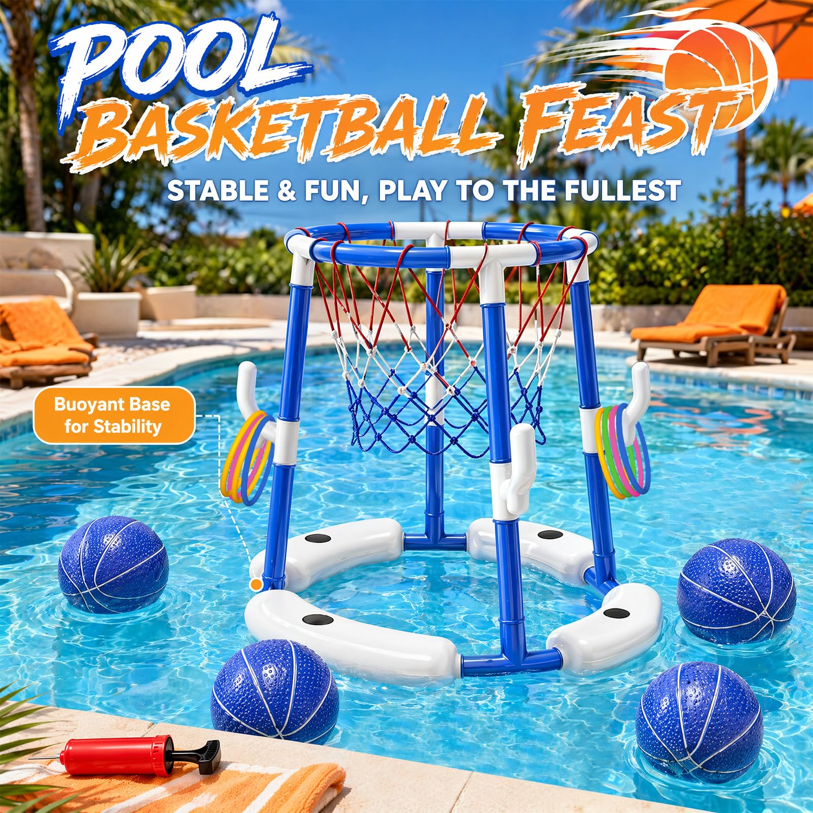 Pool Basketballkorb für Kinder, 2-in-1 Schwimmendes & Oberirdisches Wasserspiel mit 4 Bällen, 12 Ringen & Pumpe, Blau
